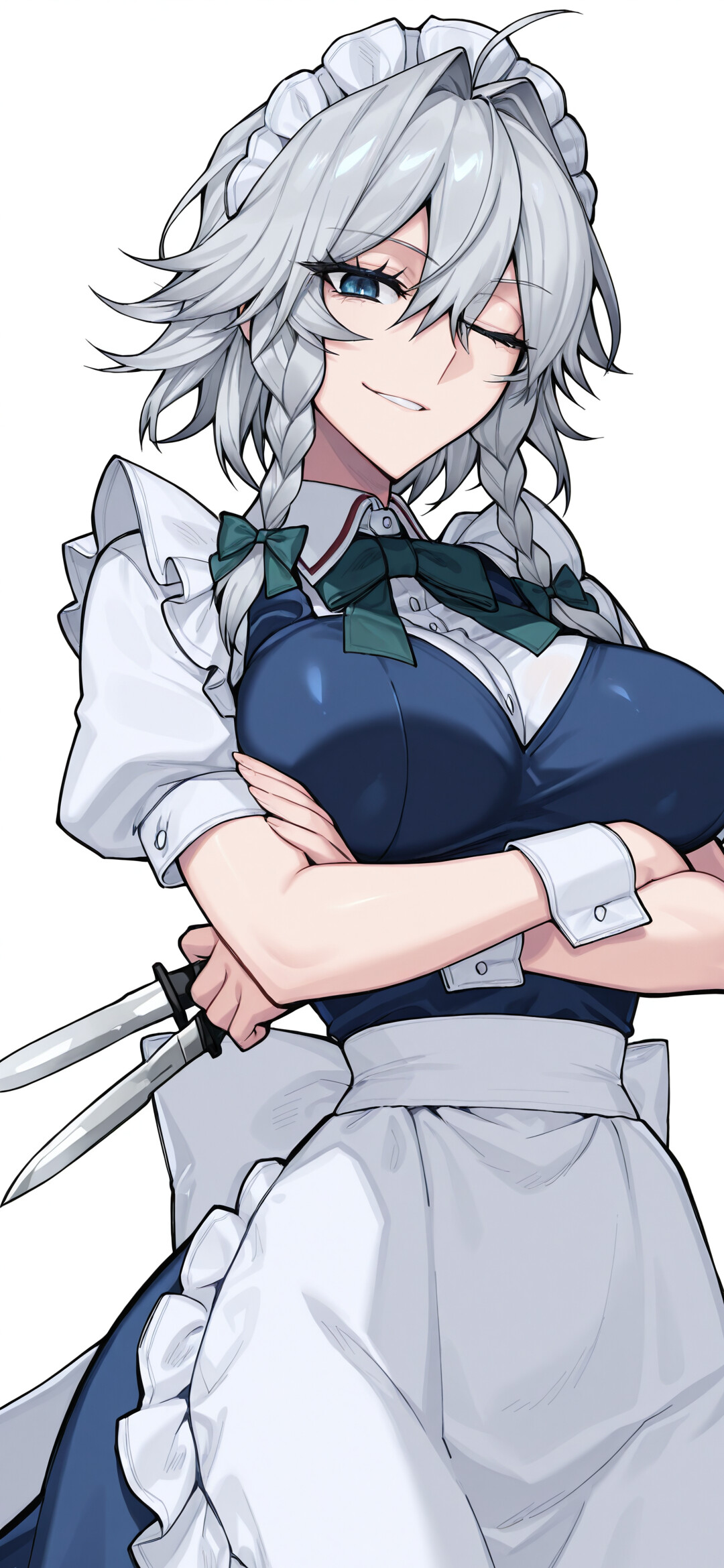 Sakuya Izayoi z serii Touhou Project, służąca o srebrnych, zaplecionych włosach, mruga i uśmiecha się z przekąsem, trzymając ręce na krzyż i nóż na ciemnym tle.