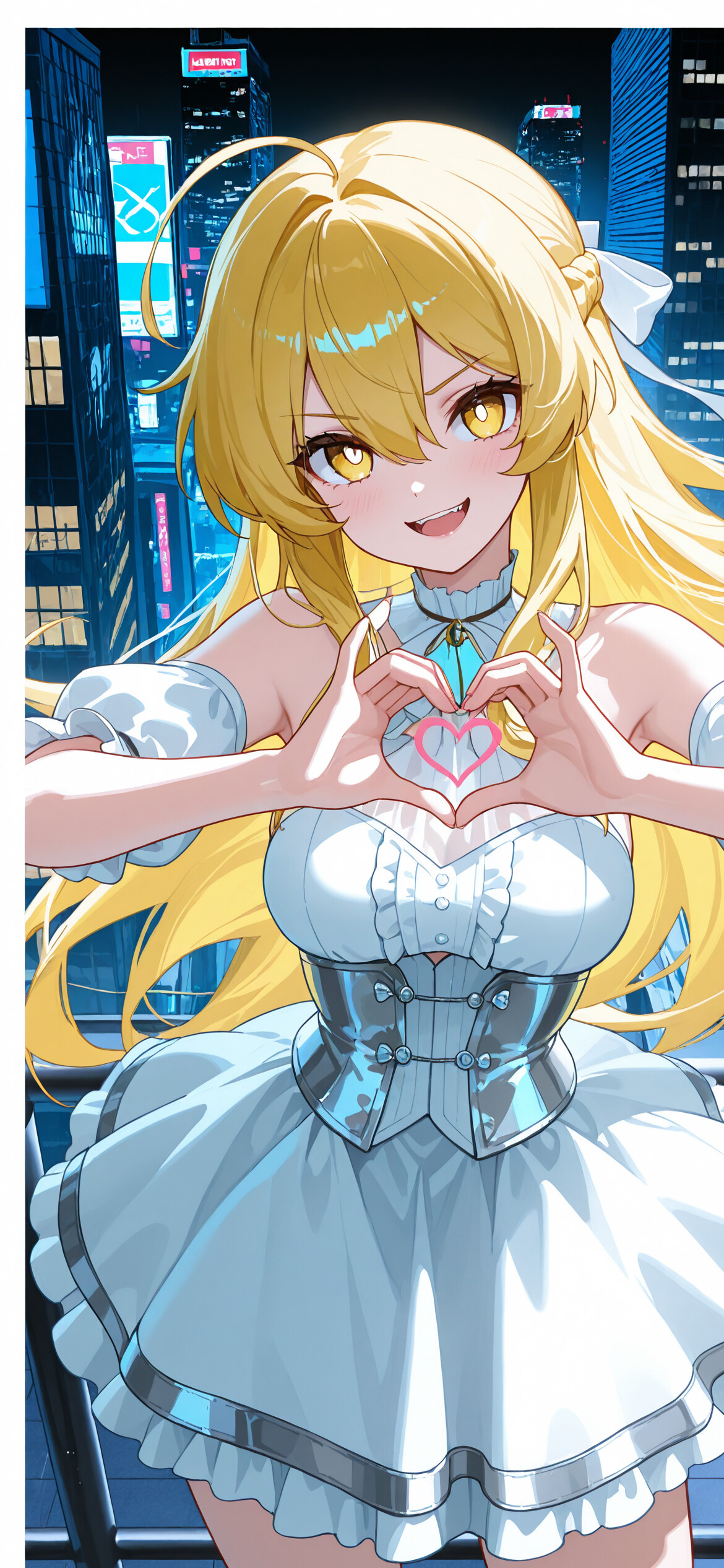 Postać z anime, Shokuhou Misaki, ma długie, blond włosy i jest ubrana w białą sukienkę. Na zdjęciu widać, jak się uśmiecha i układa dłonie w kształt serca, a w tle rozciąga się panorama miasta.