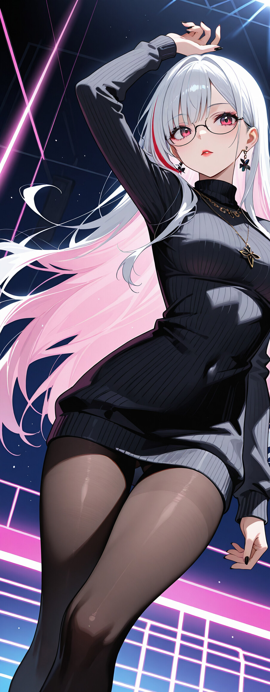 Dziewczyna w stylu anime, o długich, białych, niebieskich i fioletowych włosach, z fioletowymi oczami i w okularach, ubrana w rozpięty czarny sweter, obrożę i rajstopy, na tle świecących fioletowych linii.