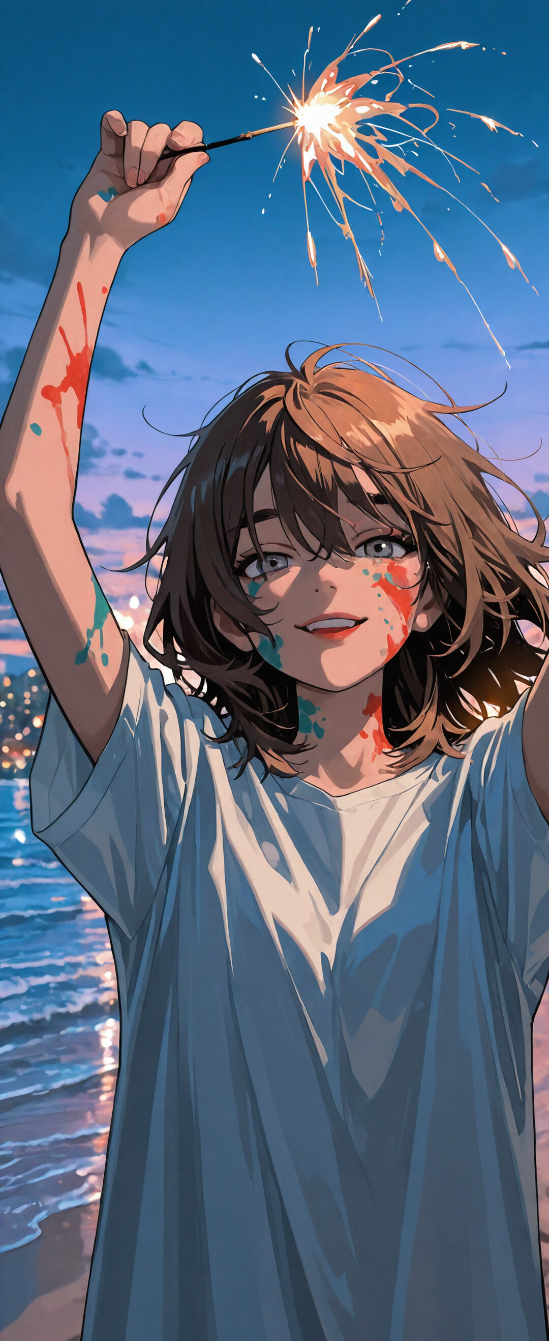 Młoda kobieta o brązowych włosach i pomalowanej kolorowymi farbami twarzy trzyma nad głową zapaloną bengalską pochodnię na plaży o zmierzchu. W tle widać morze i panoramę miasta.