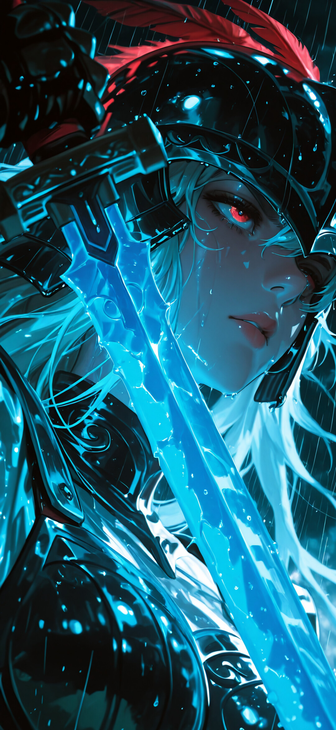Portret w stylu anime przedstawiający wojowniczkę o długich, białych włosach i świecących na czerwono oczach. Ma na sobie ciemną zbroję i hełm z czerwonym pióropuszem. W deszczu dzierży duży, świecący na niebiesko miecz.