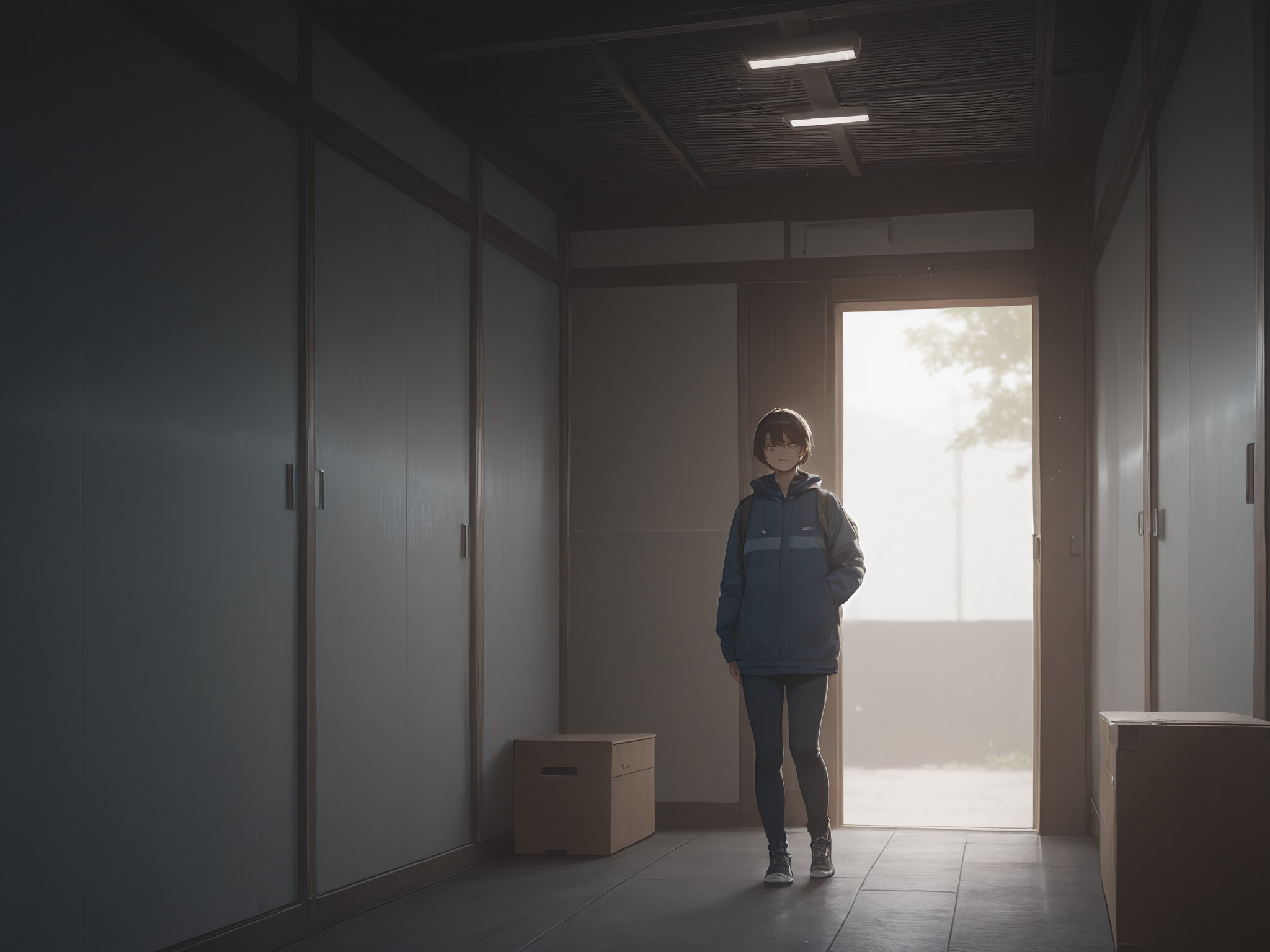 Młoda kobieta w stylu anime, o długich, blond włosach, ubrana w długą, białą sukienkę, stoi przed ciemnozielonymi drzwiami. W rękach trzyma coś, a po obu jej stronach znajdują się duże rośliny w donicach, a nad nimi rozciąga się słoneczne niebo.