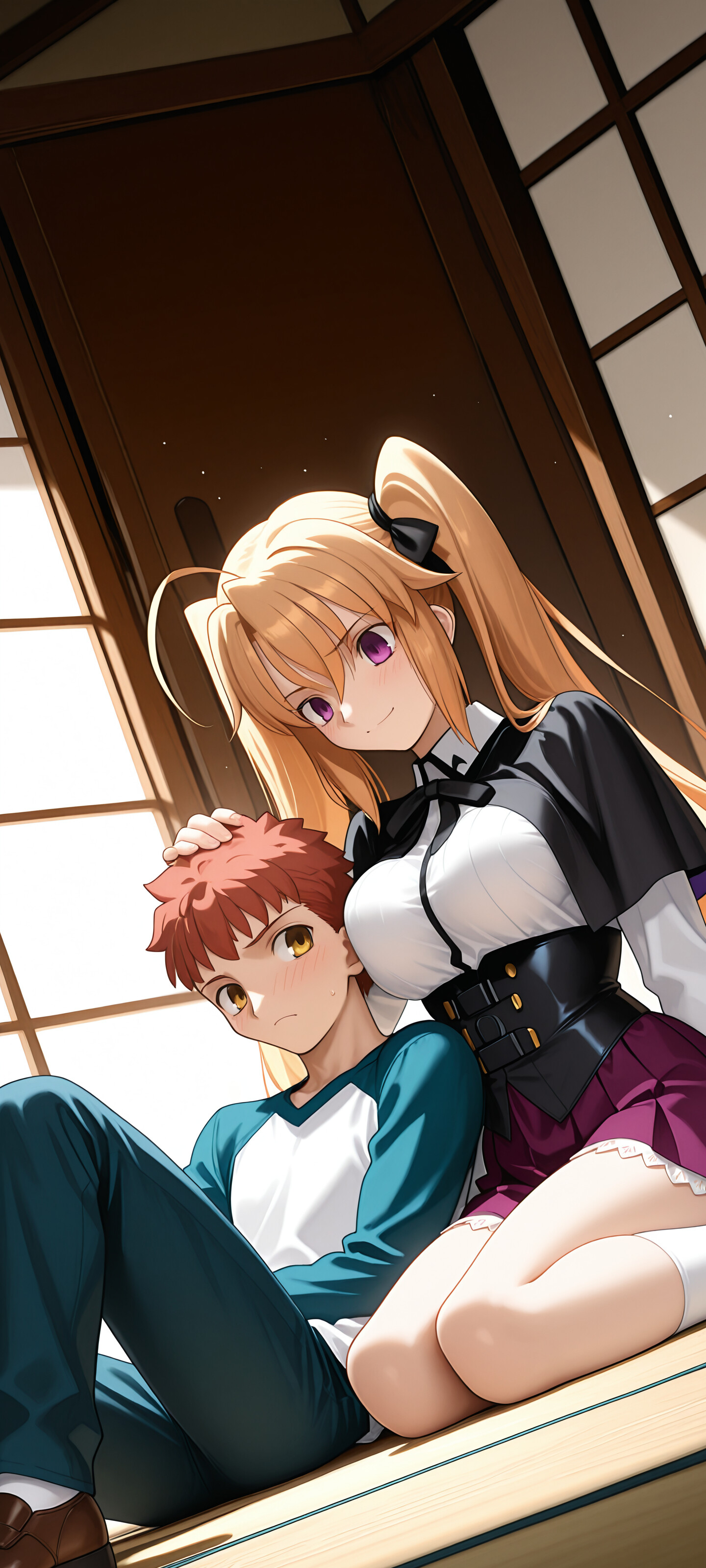 Ilustracja w stylu anime przedstawiająca połączenie światów serii „Fate/stay night” i „High School DxD”. Irina Shidou, blondynka z dwoma kucykami, klęczy na łóżku i pochyla się nad Shirou Emiyą, rudowłosym chłopcem, głaszcząc go po głowie. On leży i patrzy na nią, lekko zarumieniony.