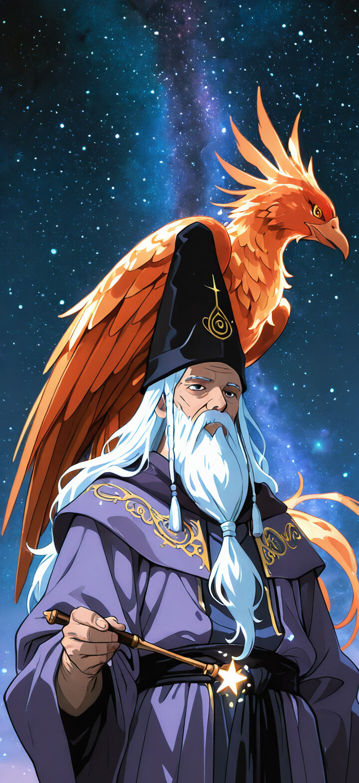 Portret Albusa Dumbledore’a w stylu anime: czarodziej z długą, białą brodą i fioletowymi szatami, trzymający różdżkę z gwiazdą na końcu, a za nim, na tle gwieździstego nocnego nieba, widać dużego, pomarańczowego feniksa.