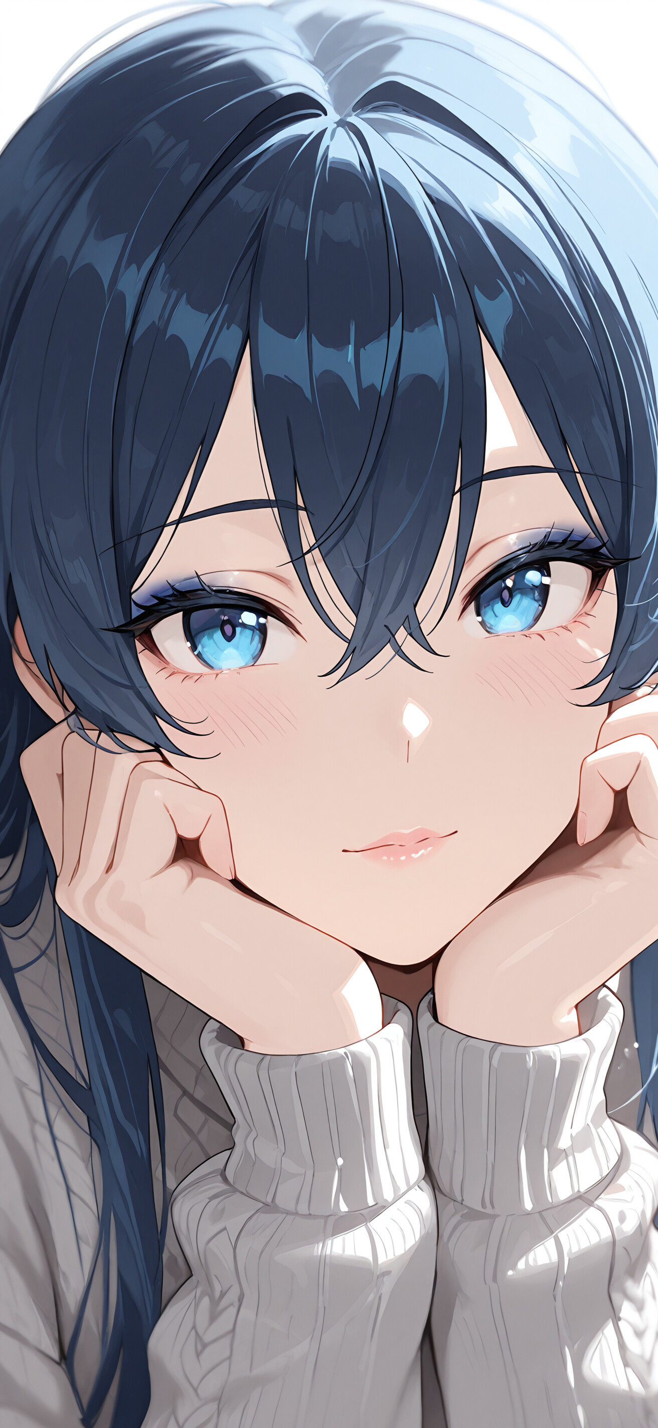 Zbliżenie – cyfrowy portret postaci o krótkich, jasnoniebieskich włosach i niezwykle wyrazistych, niebieskich oczach, spoglądającej przed siebie z spokojnym wyrazem twarzy.