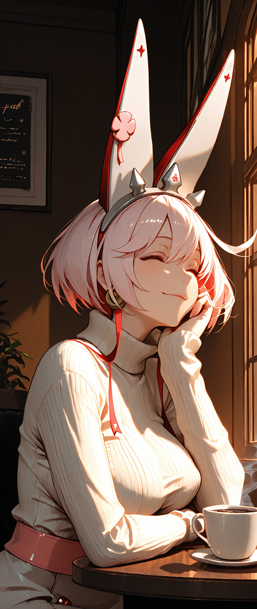 Ilustracja w stylu anime przedstawiająca Elphelt Valentine z gry Guilty Gear. Ma krótkie, różowe włosy, niebieskie oczy i duże, białe uszy przypominające uszy królika, a na głowie opaskę z kolcami. Nosi biały sweter z golfem i siedzi przy drewnianym stoliku w kawiarni, delikatnie się uśmiechając i opierając brodę na dłoni. Na stoliku obok niej stoi filiżanka kawy.