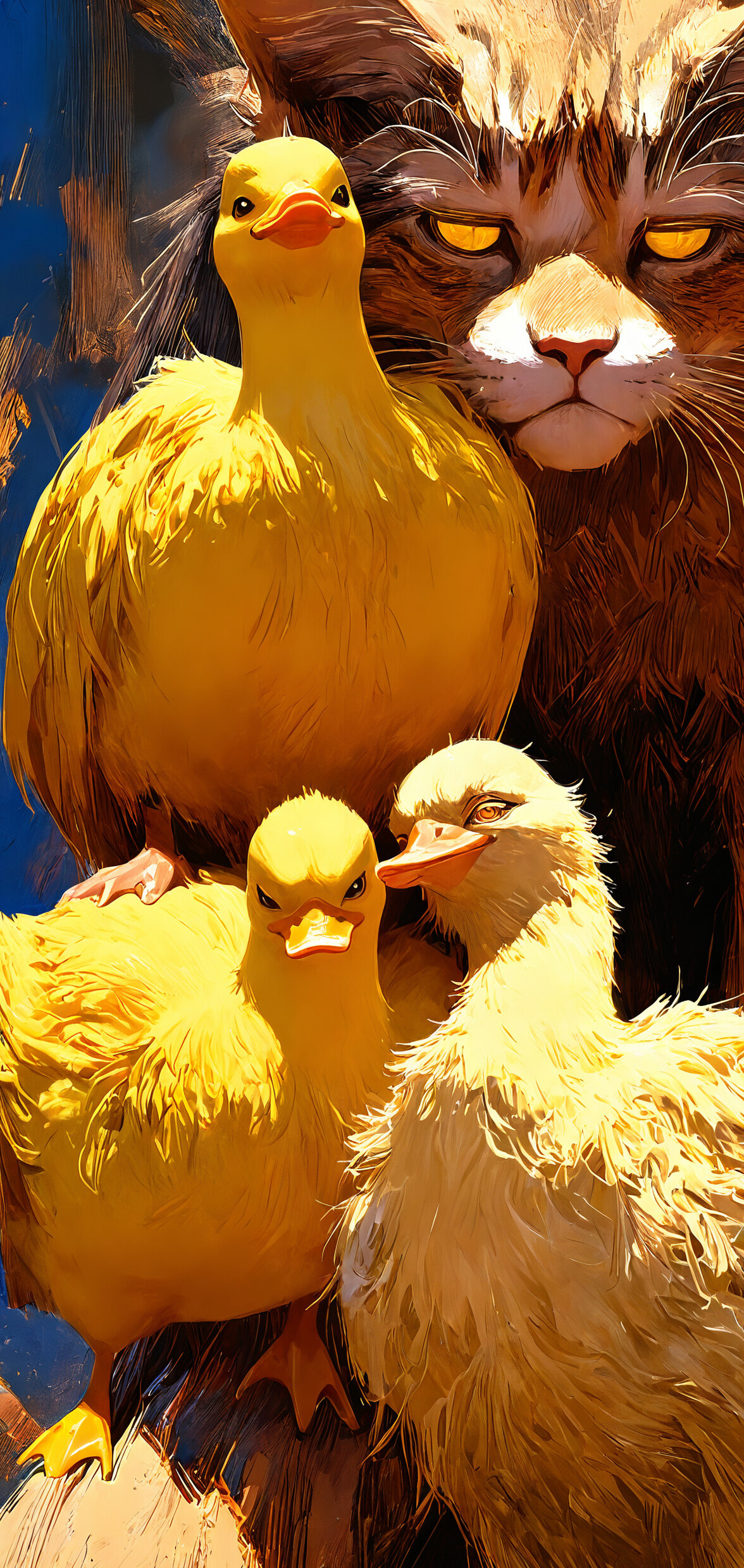 Szczegółowa, przypominająca obraz malarski ilustracja przedstawiająca zbliżenie na pomarszczoną twarz rudego kota. Na jego głowie, niczym korona, siedzi sześć małych, jaskrawo żółtych gumowych kaczek.