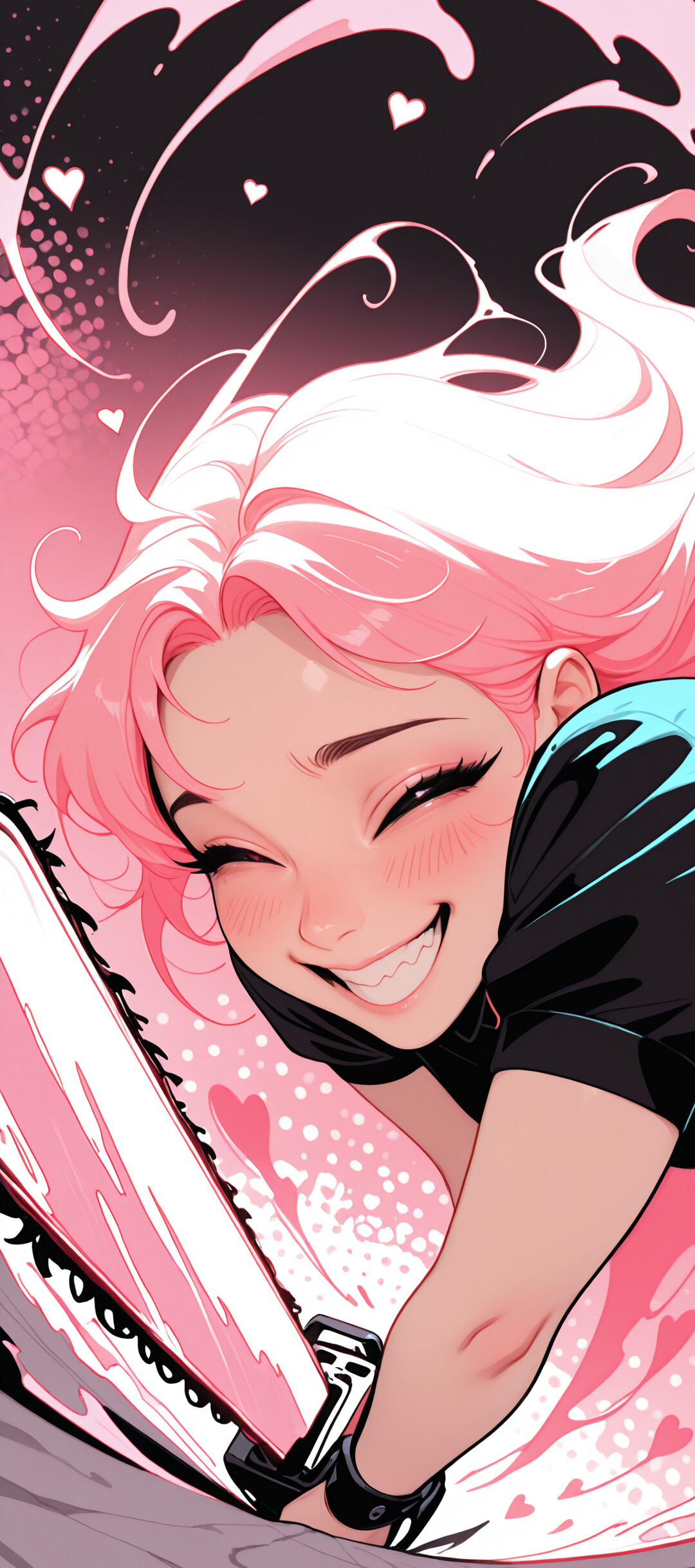 Animowana dziewczyna o różowych włosach, ubrana w strój pokojówki, śmieje się maniakalnie, trzymając w ręku różową piłę łańcuchową, a w tle widać różowe serca i wiry.