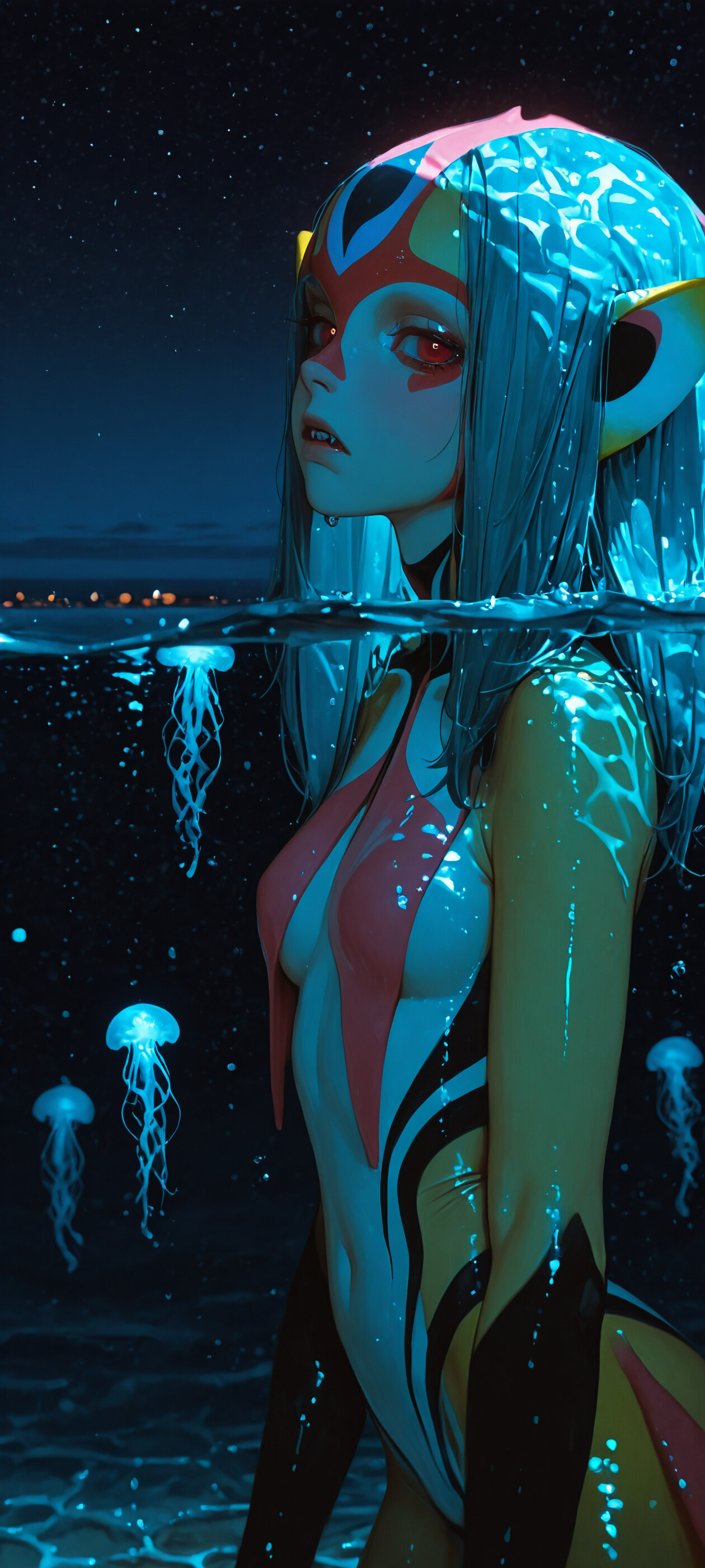 Na ilustracji przedstawiono postać Mutio z anime „Blue Submarine No. 6”, stojącą w oceanie nocą. Na jej głowie, niczym kapelusz, spoczywa duża, bioluminescencyjna, niebieska meduza, która oświetla jej twarz i siwe włosy na tle gwiaździstego nieba.