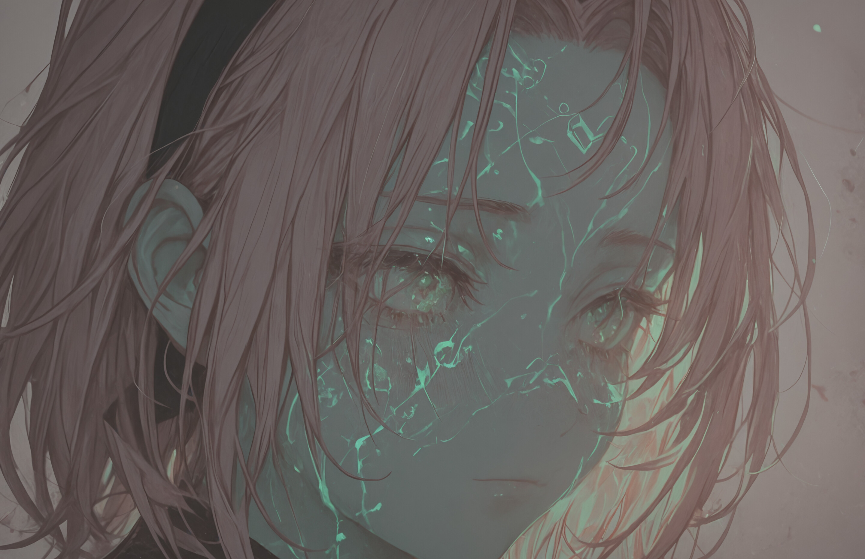 Artystyczny portret Sakury Haruno z anime Naruto, przedstawiający ją z różowymi włosami i świecącymi zielonymi oczami. Na jej czole widoczny jest symbol „Pieczęci Stu”, a na sobie ma ciemny strój z zielonymi wzorami, które jarzą się na tle gwiezdnego nieba i unoszących się płatków.