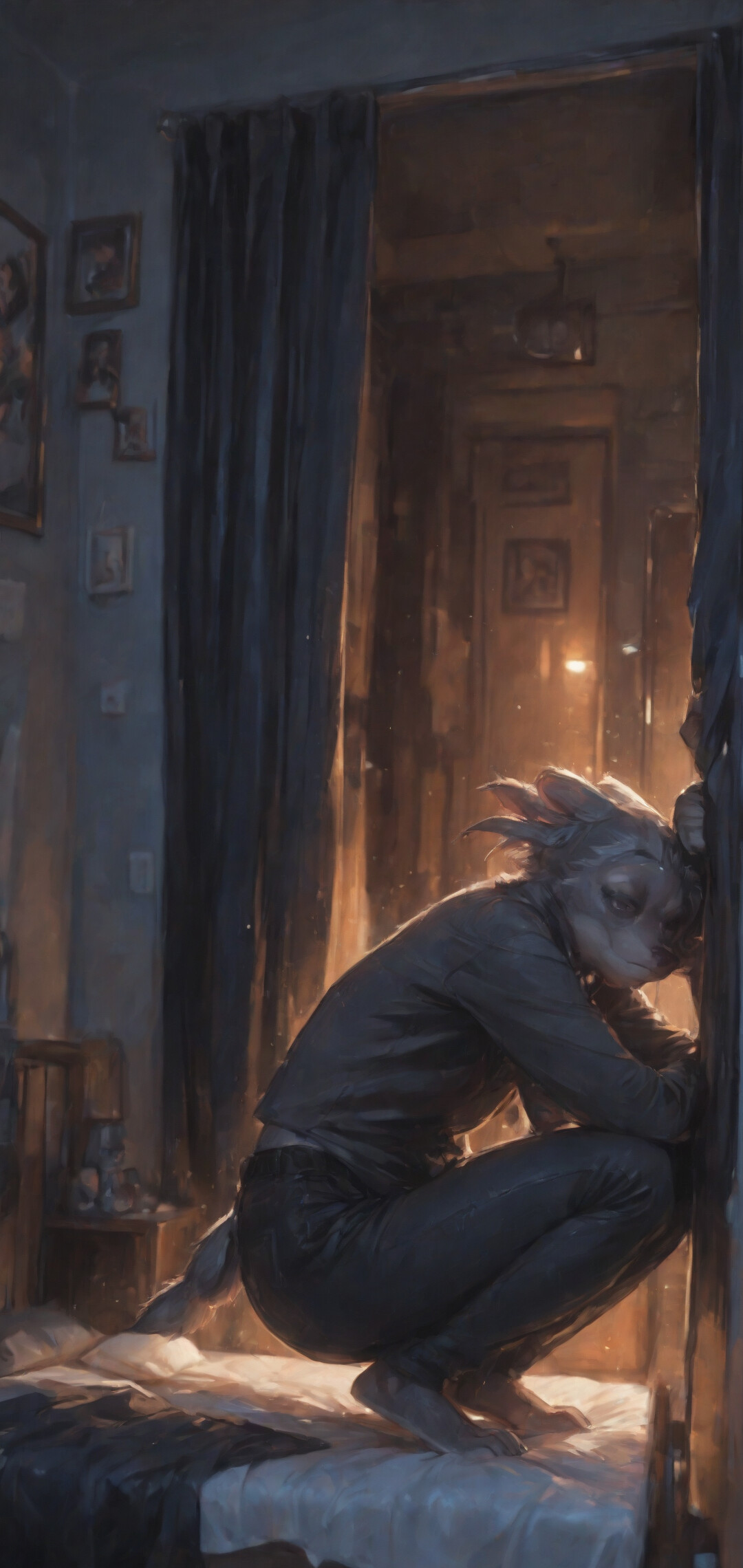 Pełnopostaciowa ilustracja antropomorficznej samicy lisa o czerwono-białych włosach, ubranej w czerwoną koszulę i czarne spodnie, opierającej się o framugę drzwi w słabo oświetlonym mieszkaniu.