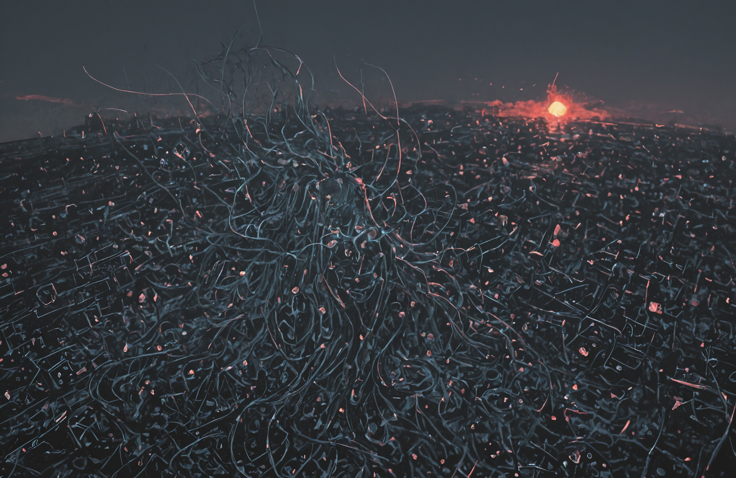 Grafika w stylu ukiyo-e przedstawiająca eteryczną istotę, której ciało tworzą splątane, ciemnobrązowe korzenie i gałęzie. Postać stoi w chaotycznym lesie, a w tle widać duże, jasnopomarańczowe słońce, które pełni funkcję aureoli.