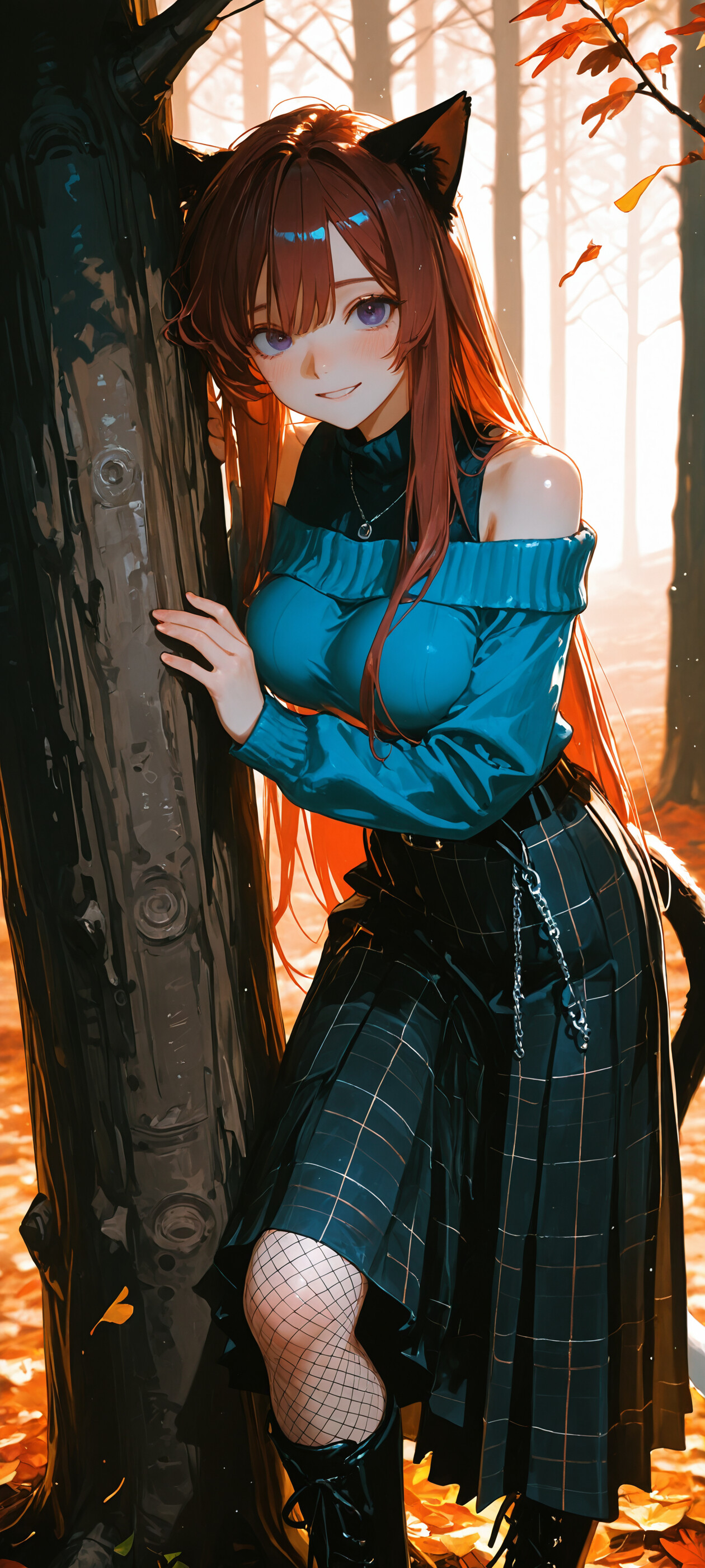 Ilustracja przedstawiająca dziewczynę w stylu anime, przypominającą kota, z długimi brązowymi włosami i fioletowymi oczami. Ma na sobie niebieski sweter z odkrytymi ramionami i plisowaną spódnicę. Stoi w jesiennym lesie, na tle dużego drzewa.