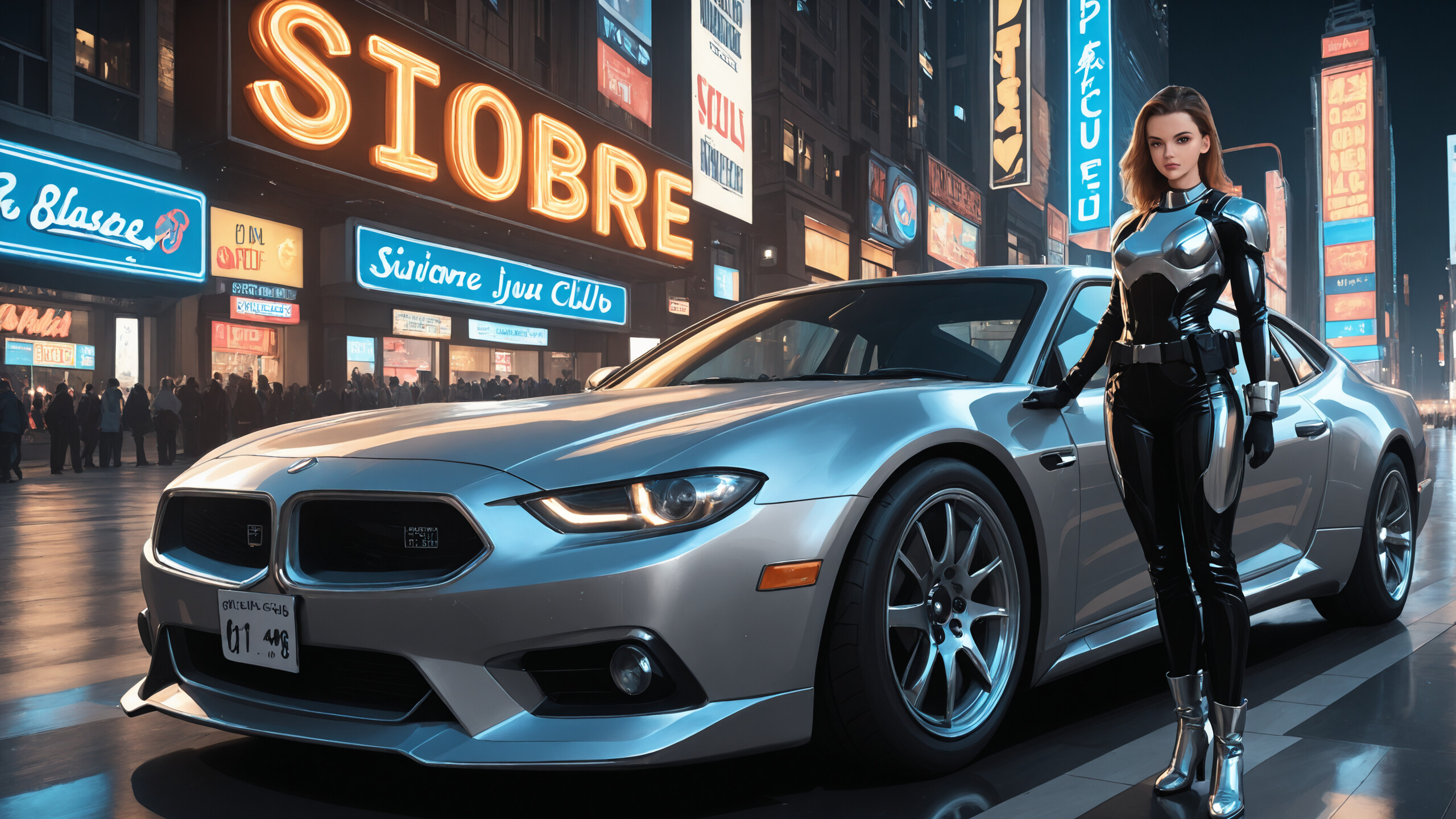 Pełnowymiarowa ilustracja przedstawiająca kobietę w futurystycznym, czarno-srebrnym kombinezonie bojowym, idącą nocą mokrą ulicą miasta. Po obu jej stronach znajdują się dwa srebrne, zabytkowe samochody, a wokół rozciągają się świecące neonowe szyldy.