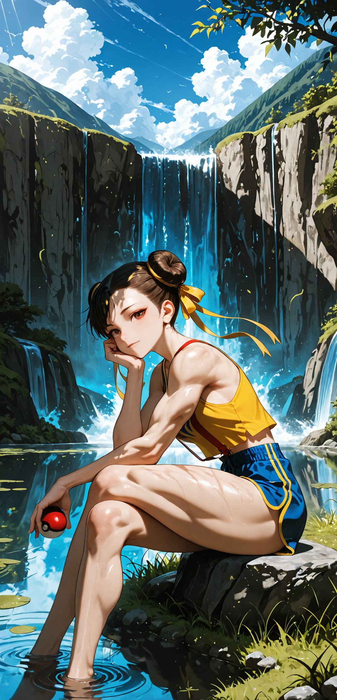 Chun-Li z gry Street Fighter siedzi nad jeziorem w słonecznym, naturalnym otoczeniu, w pobliżu wodospadu. Jest ubrana jak trener Pokémon, ma na sobie żółtą bluzkę i niebieskie spodenki, trzyma w ręku Poké Ball i uśmiecha się do widza.
