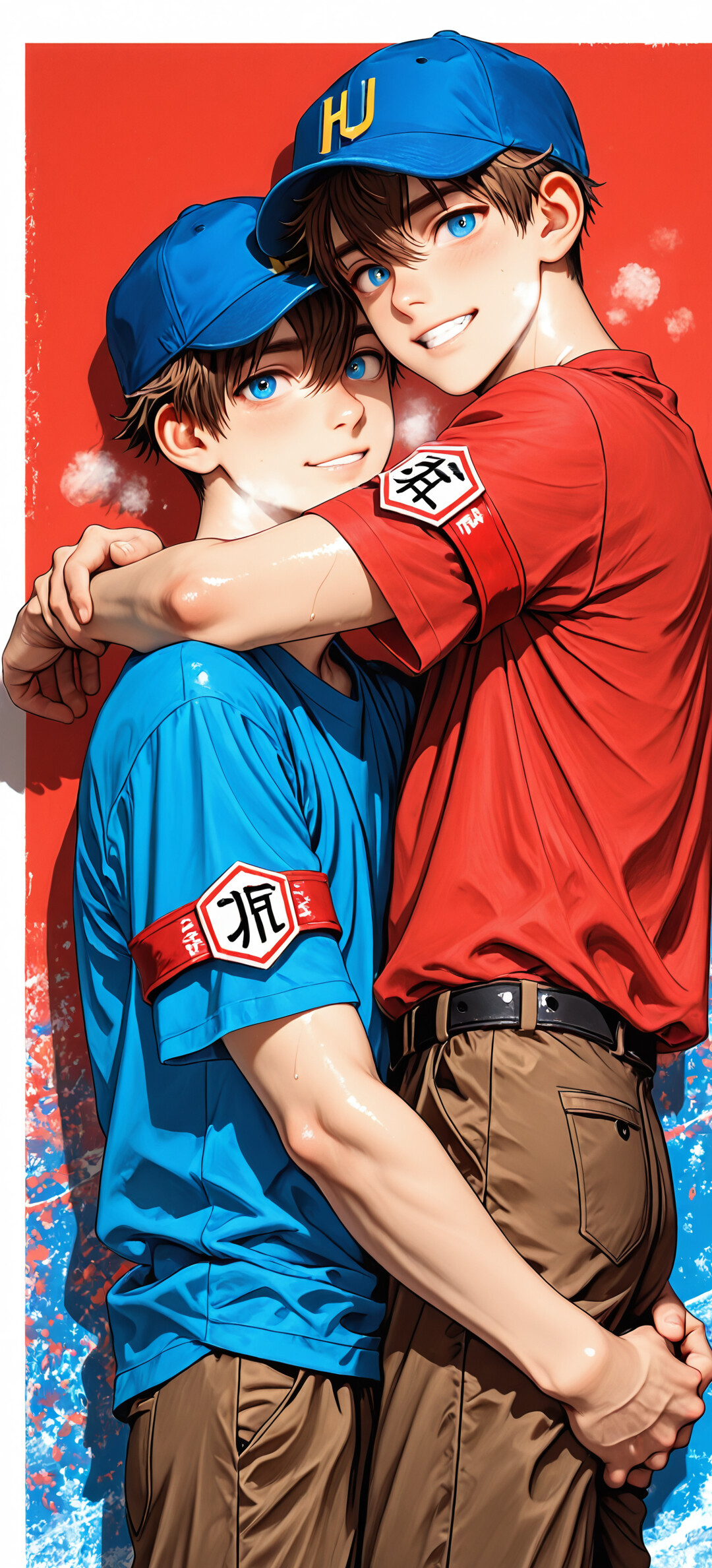 Młody mężczyzna w stylu anime, o brązowych włosach i jasnoniebieskich oczach, ubrany w niebieską koszulkę i bejsbolówkę z literą „H”, siedzi ze skrzyżowanymi rękami i nogami, oparty o czerwoną ścianę, i uśmiecha się pewnie siebie.