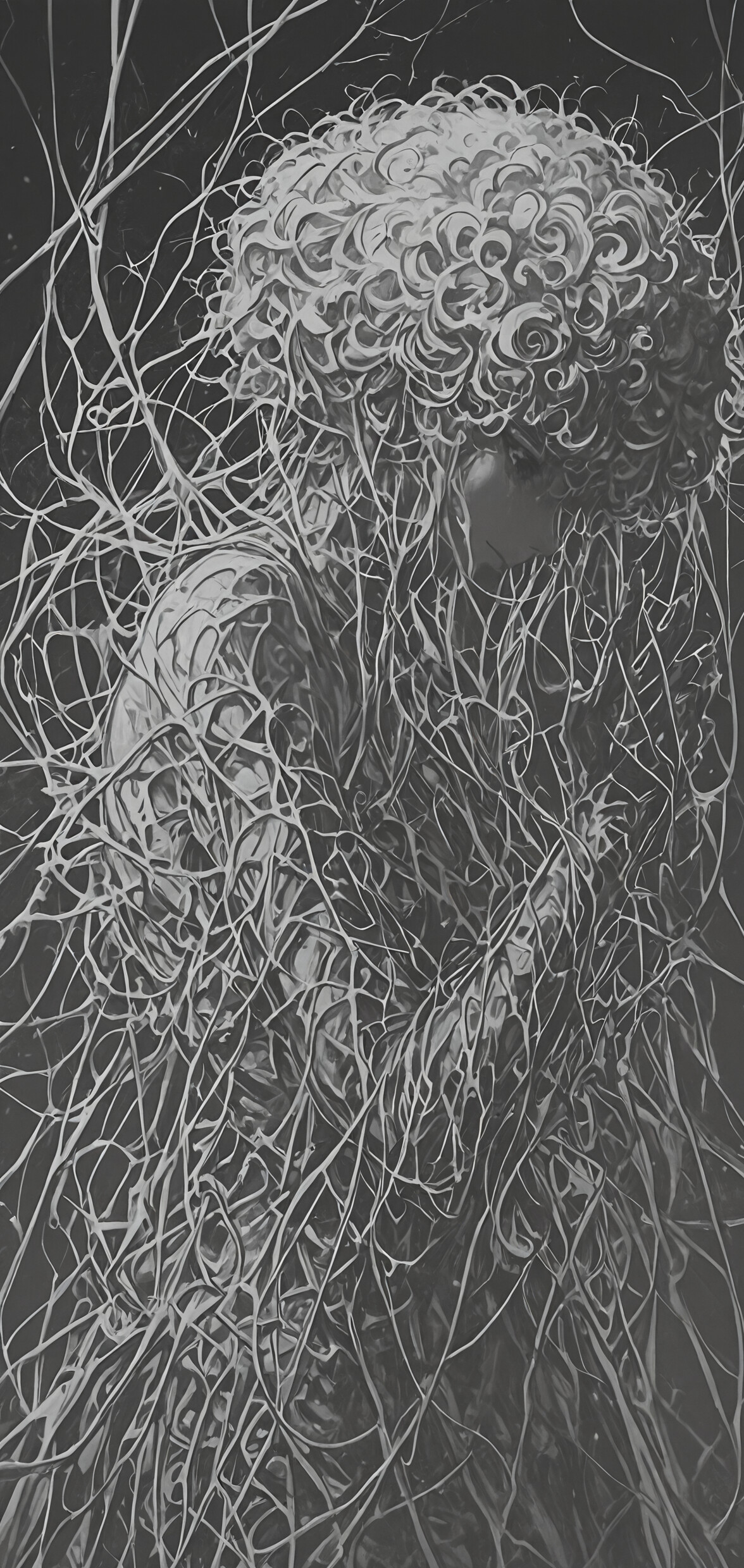 Czarno-biała, bardzo szczegółowa ilustracja przedstawiająca kobietę w profilu. Ma duże, wyraziste oczy i krótkie, kręcone, białe włosy. Skomplikowany, biały wzór przypominający pajęczynę pokrywa jej szyję i ramiona, a w tle widnieje ciemne, abstrakcyjne tło.