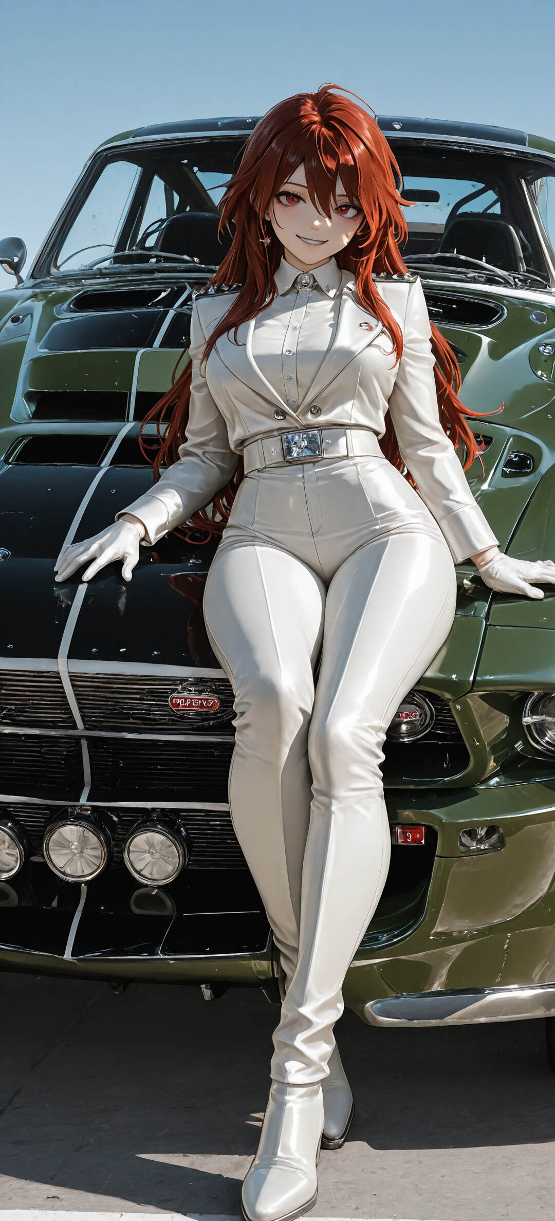 Widok z przodu mocno zmodyfikowanego, klasycznego Forda Mustanga w głębokim zielonym kolorze. Samochód ma niestandardową atrapę chłodnicy i pięć okrągłych świateł zamontowanych na przednim zderzaku. Zaparkowany jest na zewnątrz w słoneczny dzień.