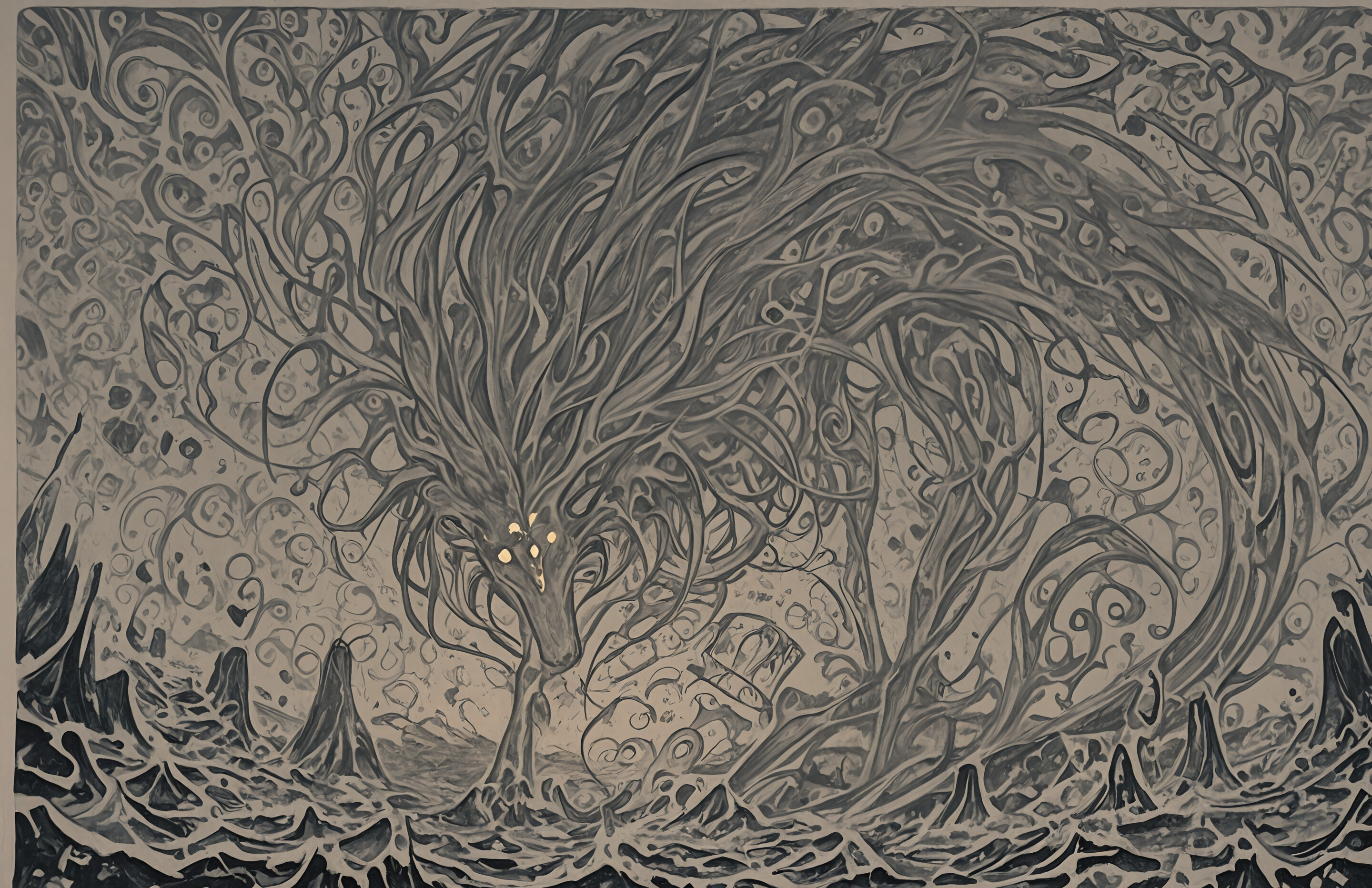 Abstrakcyjny obraz, którego ciemne tło pokryte jest gęstą, skomplikowaną siecią wirujących złotych linii i kropek. W górnej części obrazu, na środku, znajduje się pojedyncza, jasna, świecąca kula światła, która stanowi główny punkt centralny.