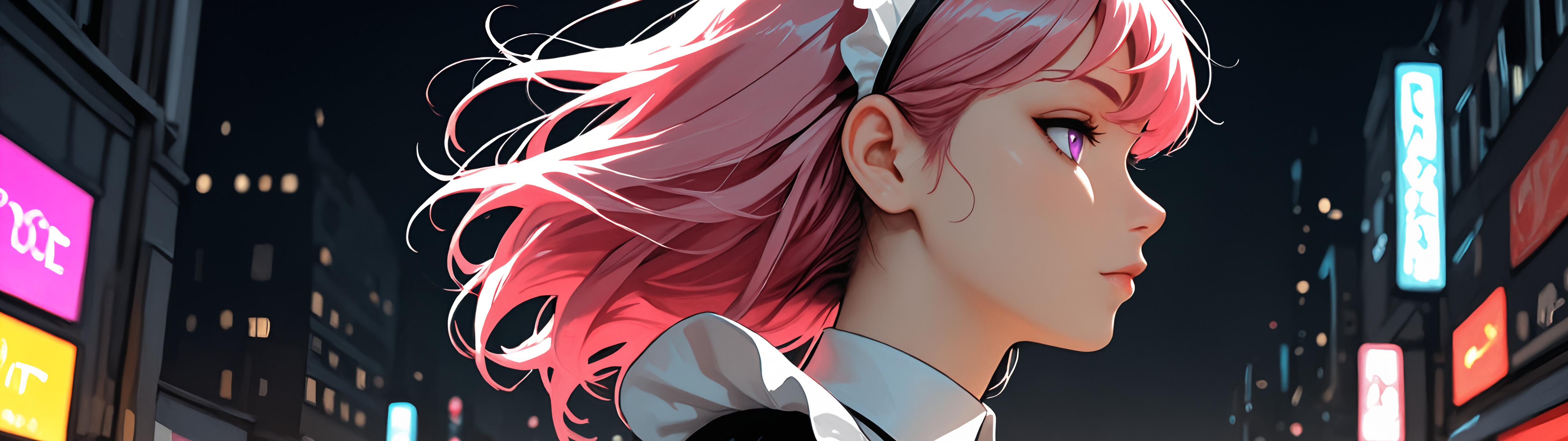 Ilustracja w stylu anime przedstawiająca młodą kobietę o długich, różowych włosach i fioletowych oczach, ubraną w czarno-biały strój pokojówki. Stoi na ulicy w mieście nocą, a w tle widać rozmyte, neonowe światła.