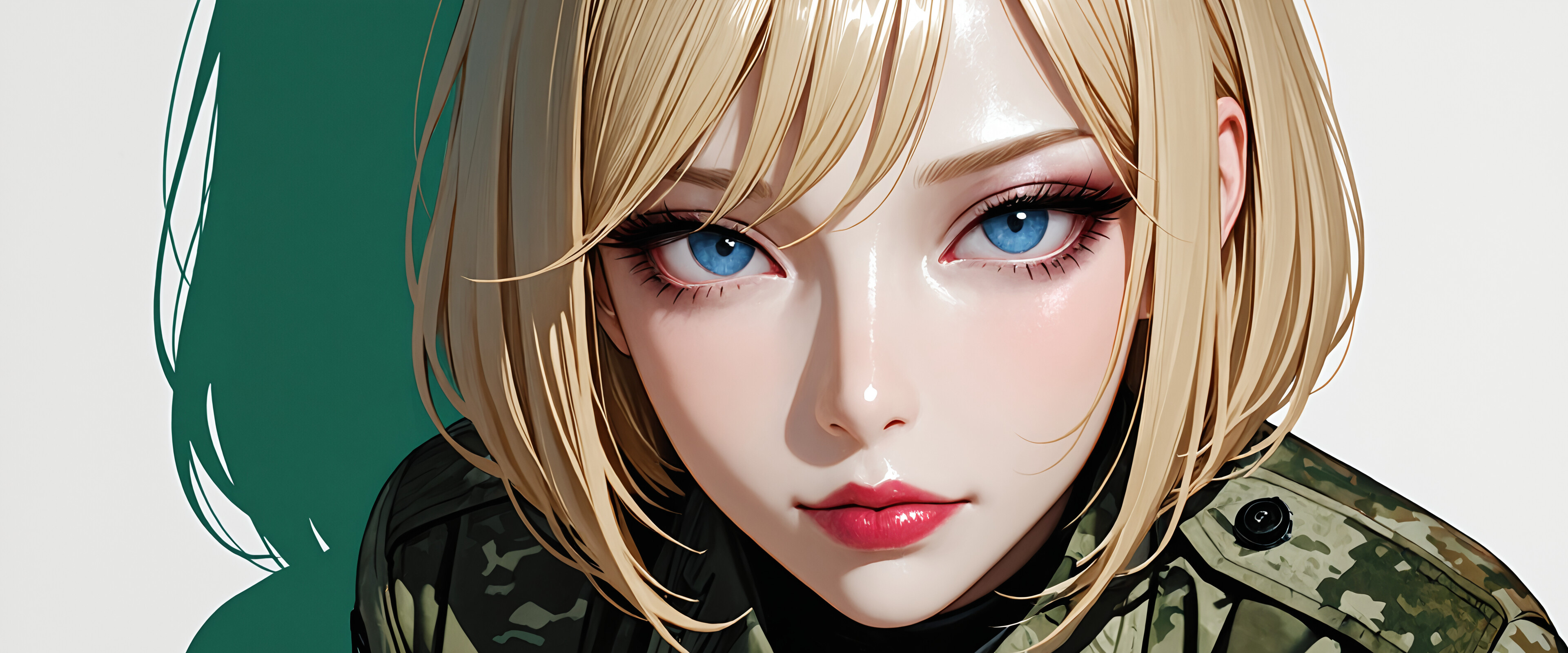 Szczegółowa ilustracja przedstawiająca piękną żołnierzkę o krótkich, blond włosach i intensywnie niebieskich oczach, ubraną w zielony mundur w kamuflażu i czarny taktyczny pas, pozującą na białym tle.