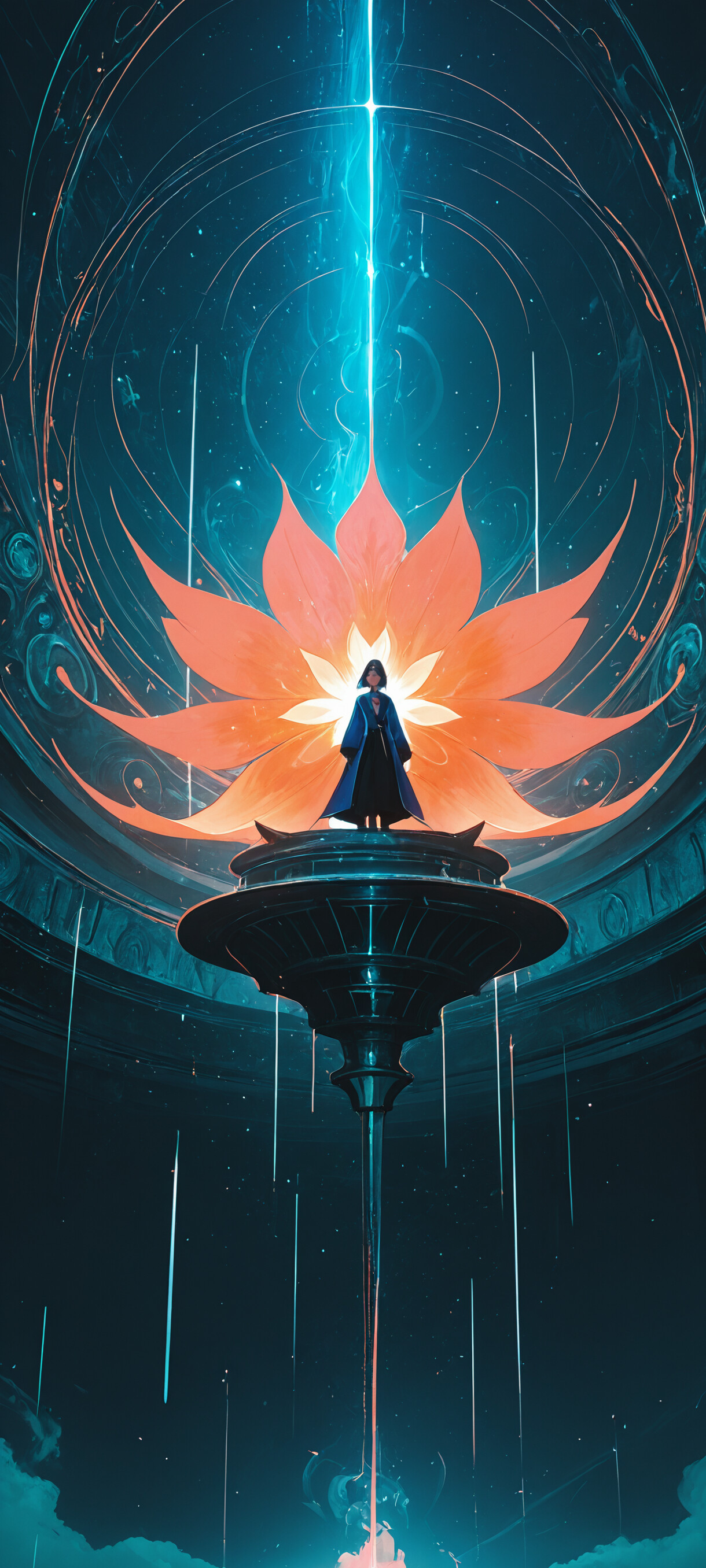 Ilustracja przedstawiająca młodą kobietę w całości, z krótkimi, czarnymi włosami, ubraną w ciemny, futurystyczny płaszcz. Stoi przed dużym, świecącym, okrągłym portalem w kolorach turkusowym i czerwonym, w mrocznym, skalistym otoczeniu.
