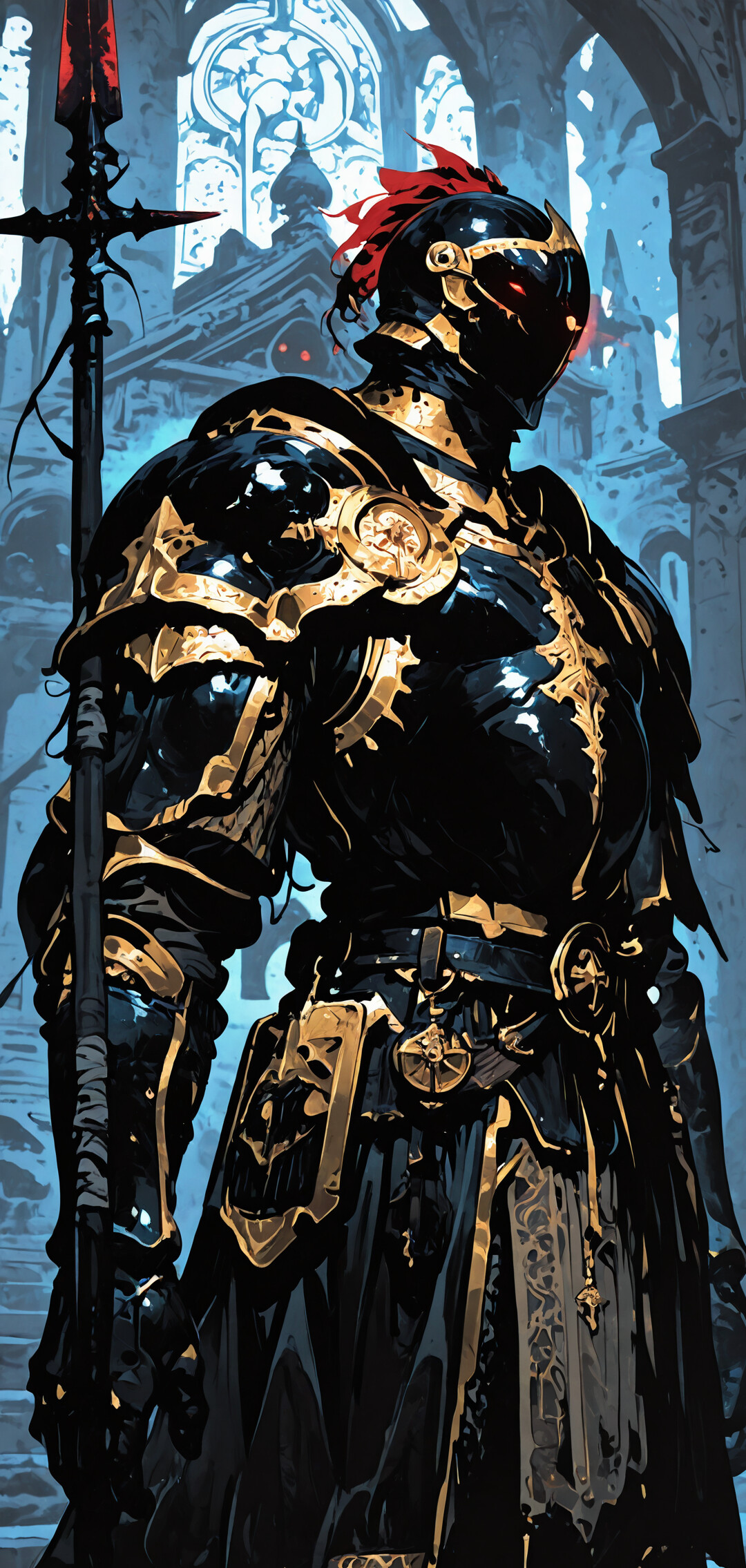 Wysoki rycerz, odziany w bogato zdobioną, czarno-złotą zbroję, z płonącymi czerwonymi oczami, trzymający dużą włócznię i stojący wewnątrz kamiennej świątyni, oświetlonej jaskrawoczerwonym światłem.