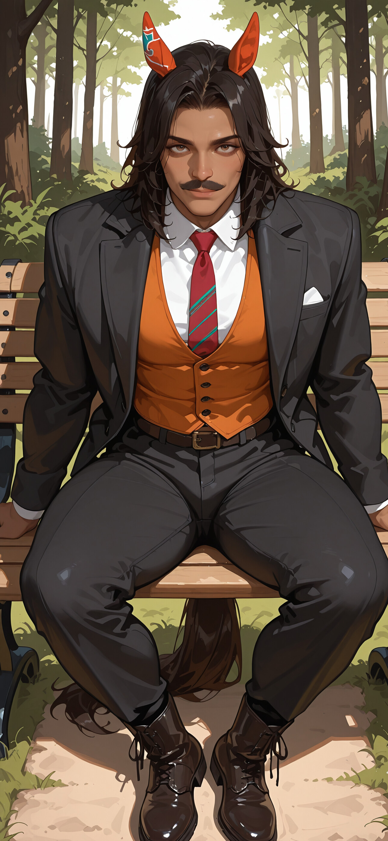 Cyfrowa ilustracja przedstawia przystojnego mężczyznę o brązowej skórze, długich, ciemnych włosach, wąsach i końskich uszach, siedzącego na ławce w parku. Ma na sobie kremową kurtkę, pomarańczową kamizelkę i czerwony krawat. Spogląda pewnie w obiektyw, uśmiechając się lekko. Za nim na ziemi leży koński ogon.