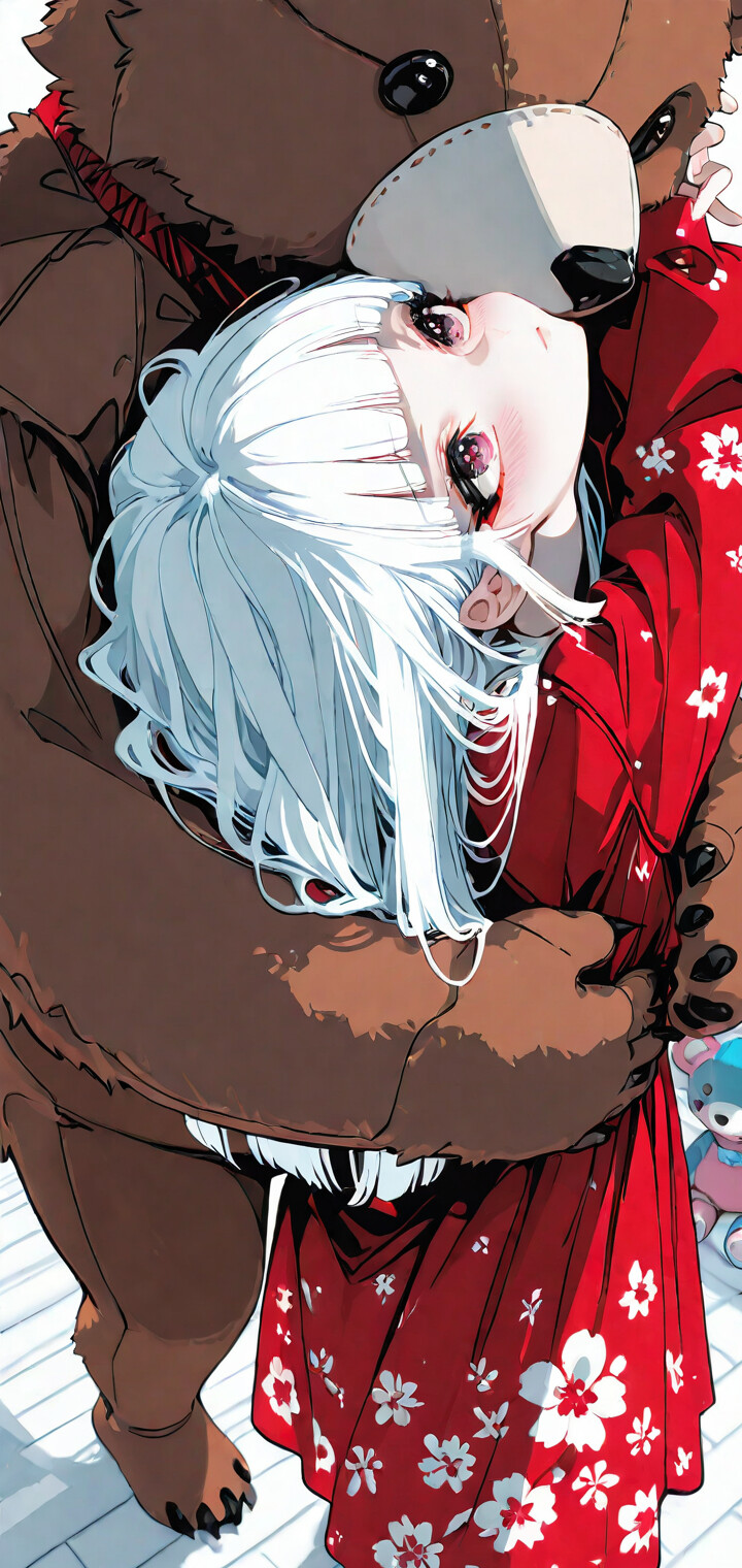 Ilustracja w stylu anime przedstawia młodą dziewczynkę o długich, białych włosach i różowych oczach, którą z tyłu obejmuje ogromny, brązowy pluszowy miś. Dziewczynka ma na sobie czerwoną, kwiecistą sukienkę, a pokój jest pełen wielu innych, mniejszych pluszowych misiów.