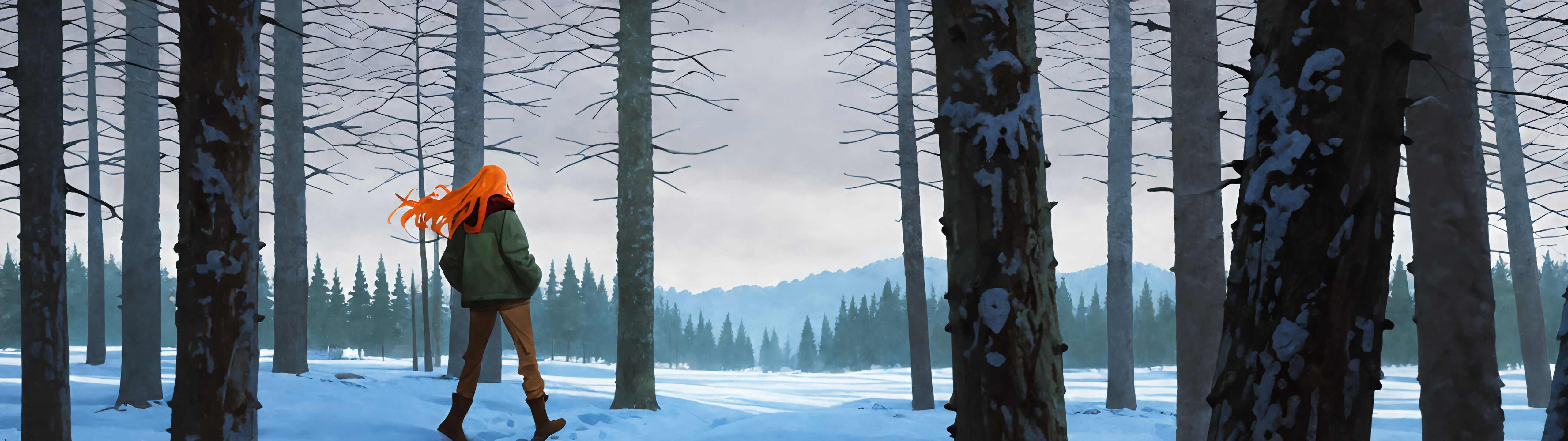 Na obrazie widoczna jest Tulip Olsen z serialu „Infinity Train”, przedstawiona od tyłu, stojąca w ośnieżonym sosnowym lesie. Ma jasnopomarańczowe włosy, które powiewają na wietrze, ubrana jest w zieloną kurtkę, czerwoną, w kratę chustę i brązowe spodnie, a ręce ma w kieszeniach.