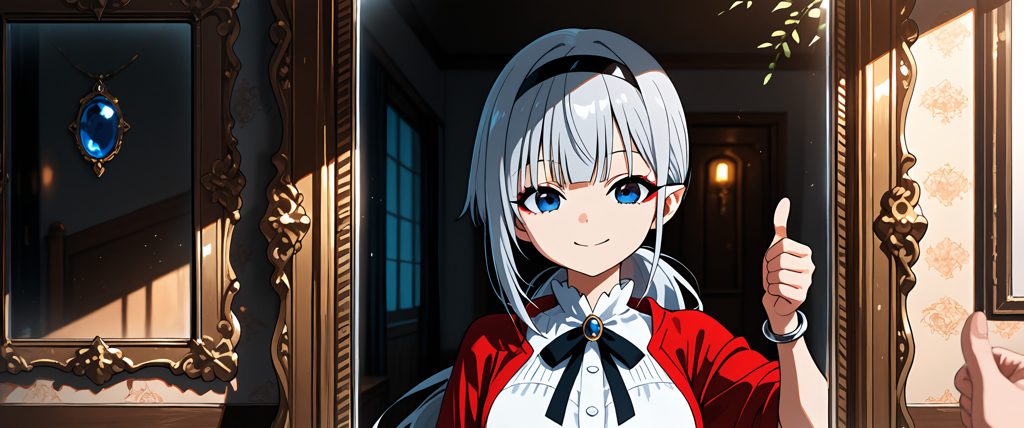 Animowana dziewczyna o srebrnych włosach i spiczastych uszach, Hiragi Popura, uśmiecha się i pokazuje kciuk w górę w ozdobnym lustrze, a jej dłoń na pierwszym planie odpowiada tym samym gestem, kierując go do swojego odbicia.