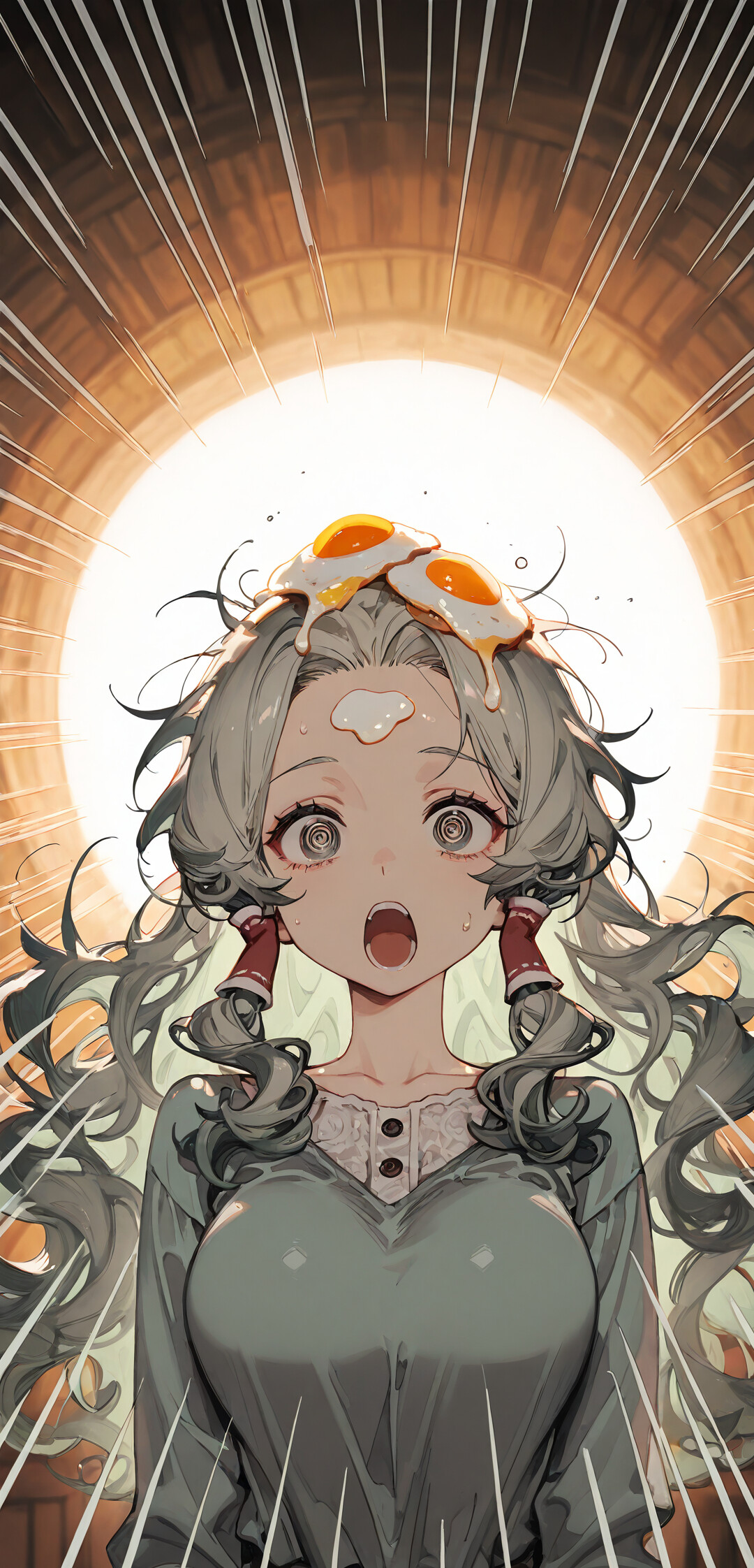 Dziewczyna w stylu anime, o falujących, jasnozielonych włosach i spiralnych oczach, wyraża zaskoczenie otwartymi ustami, a na jej głowie leżą dwa smażone jajka.