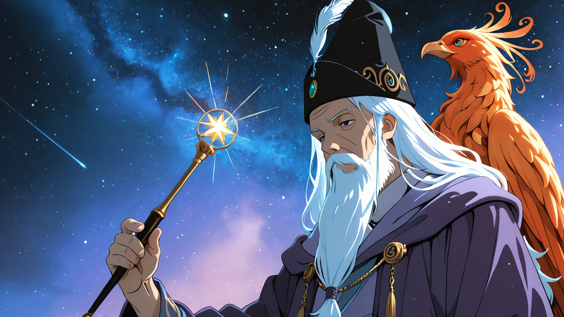 Portret Albusa Dumbledore’a w stylu anime: czarodziej z długą, białą brodą i fioletowymi szatami, trzymający różdżkę z gwiazdą na końcu, a za nim, na tle gwieździstego nocnego nieba, widać dużego, pomarańczowego feniksa.
