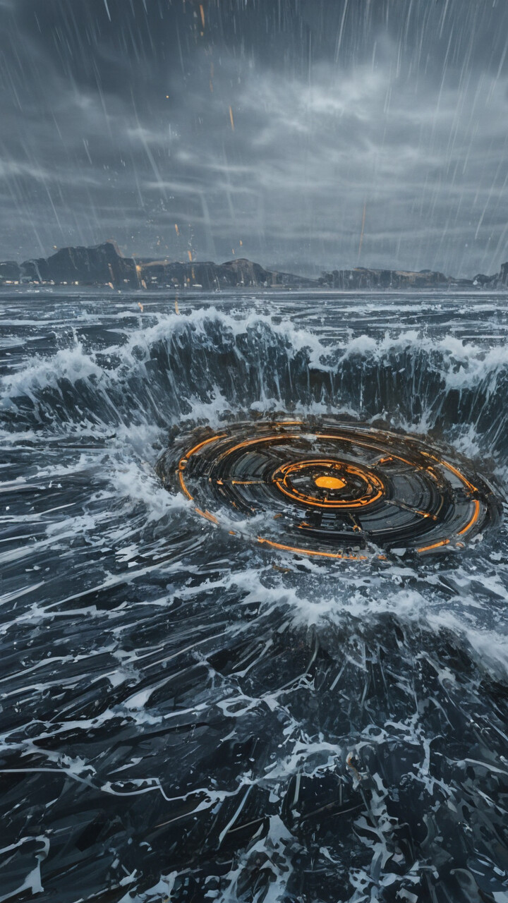 Imponujący obraz fantasy przedstawiający wzburzone morze, nad którym wznosi się ogromna, przypominająca drzewo kolumna wody, świecąca jasnoniebieskim światłem od wewnątrz. Z ciemnego, zachmurzonego nieba pada deszcz na burzliwy ocean i skaliste wybrzeże.