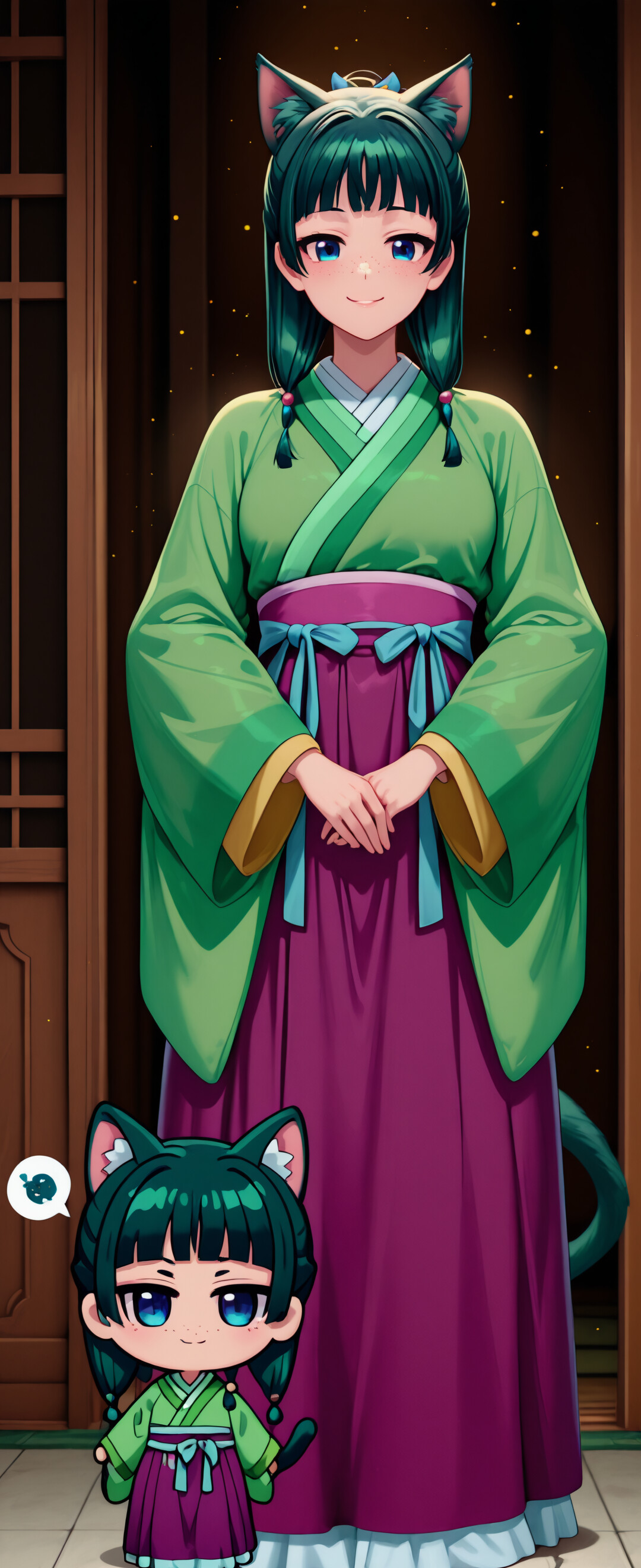 Pełnopostaciowa ilustracja w stylu „chibi” przedstawiająca postać Maomao z serii „Dziennik aptekarza”, przedstawiona jako dziewczyna-kot. Ma zielone włosy, kocie uszy i ogon, duże niebieskie oczy oraz piegi. Jest ubrana w zielono-fioletowy tradycyjny strój i stoi w pomieszczeniu z drzwiami w japońskim stylu.
