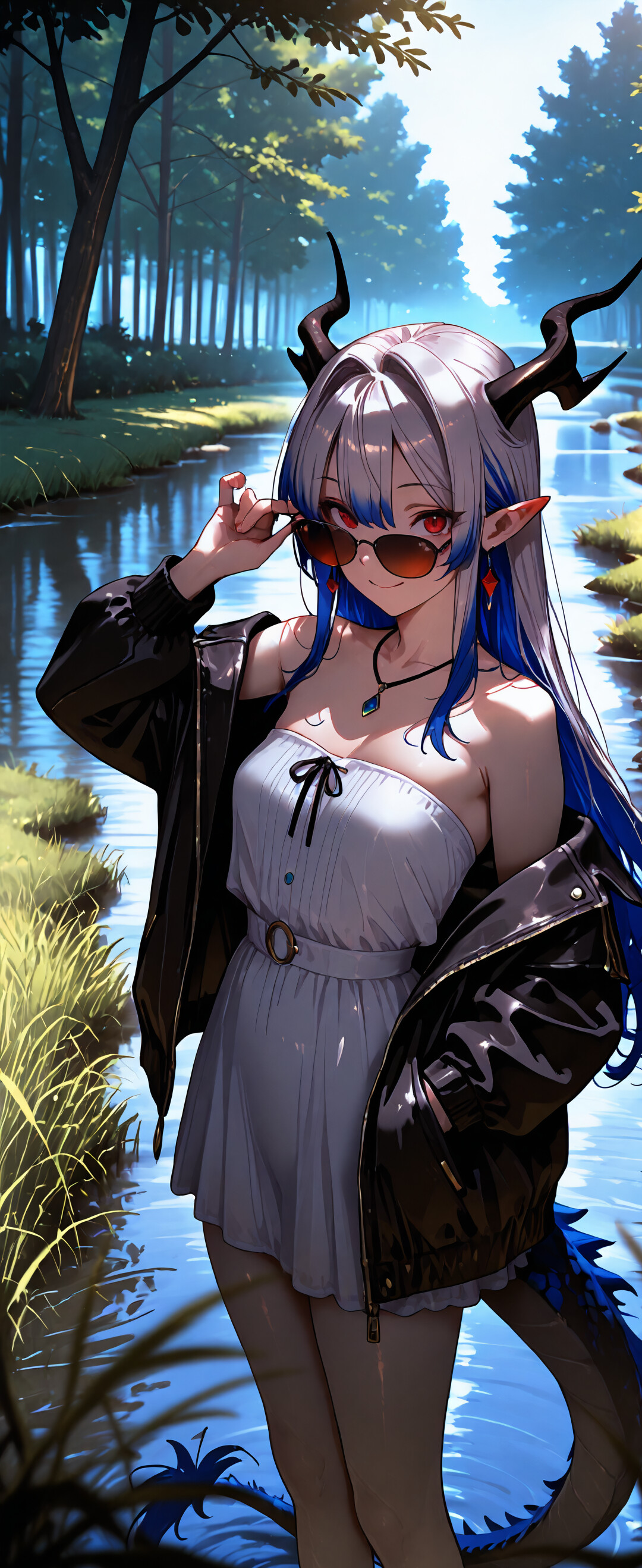 Ilustracja w stylu anime przedstawiająca wirtualną idolkę Selen Tatsuki jako dziewczynę-smoka. Ma długie, srebrno-niebieskie włosy, niebieskie rogi i czerwone oczy. Jest ubrana w białą sukienkę, czarną kurtkę i czerwone okulary przeciwsłoneczne, a na ilustracji widać, jak uśmiecha się nad brzegiem rzeki w lesie.