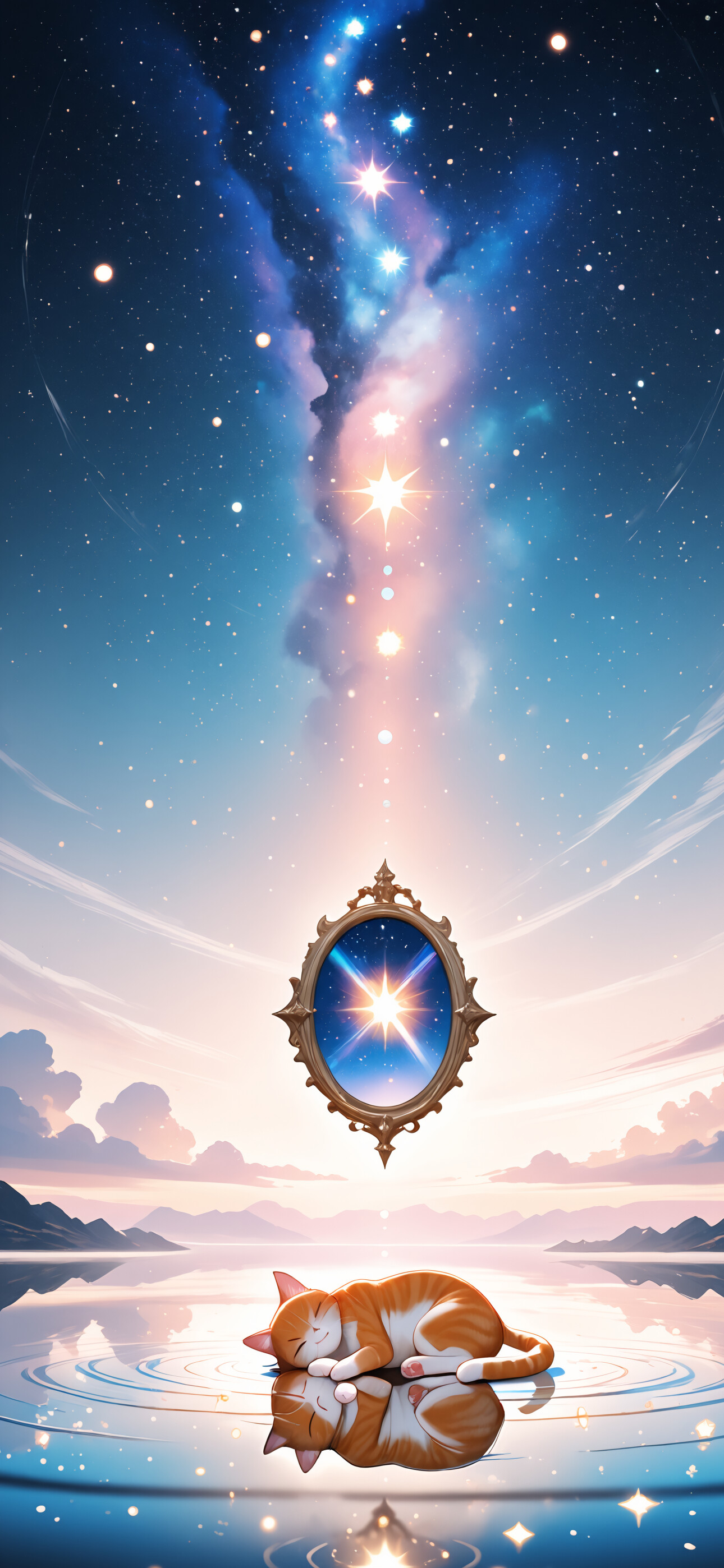 Ilustracja przedstawia uroczego, pomarańczowo-białego kota rasy tabby, śpiącego na błyszczącej, przypominającej wodę powierzchni. W tle widać kosmiczne, nocne niebo z wyraźną mgławicą, niezliczoną ilością gwiazd i dużą, świecącą kulą za kotem.