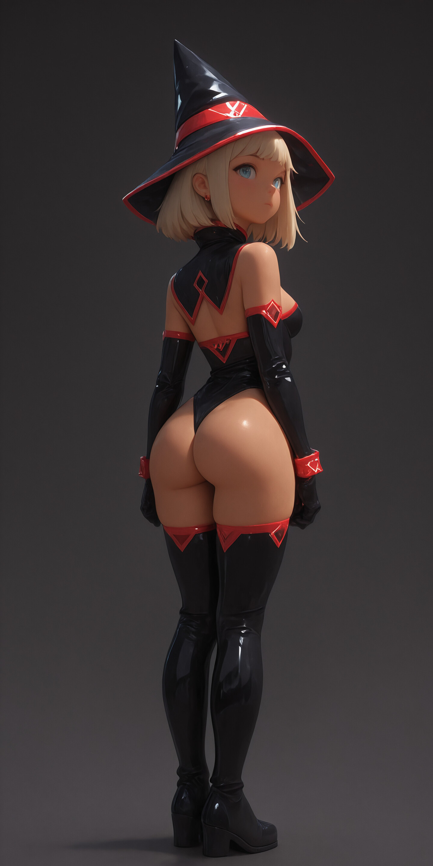 Pełnowymiarowa, cyfrowa ilustracja przedstawiająca młodą czarownicę w stylu anime, z krótkimi, białymi włosami i świecącymi na czerwono oczami. Ma na sobie duży, czarny, spiczasty kapelusz, czarny płaszcz i czarne buty, a w ręku trzyma laskę z czerwono świecącym zakończeniem. Tło jest jednolite, w odcieniu szarości.