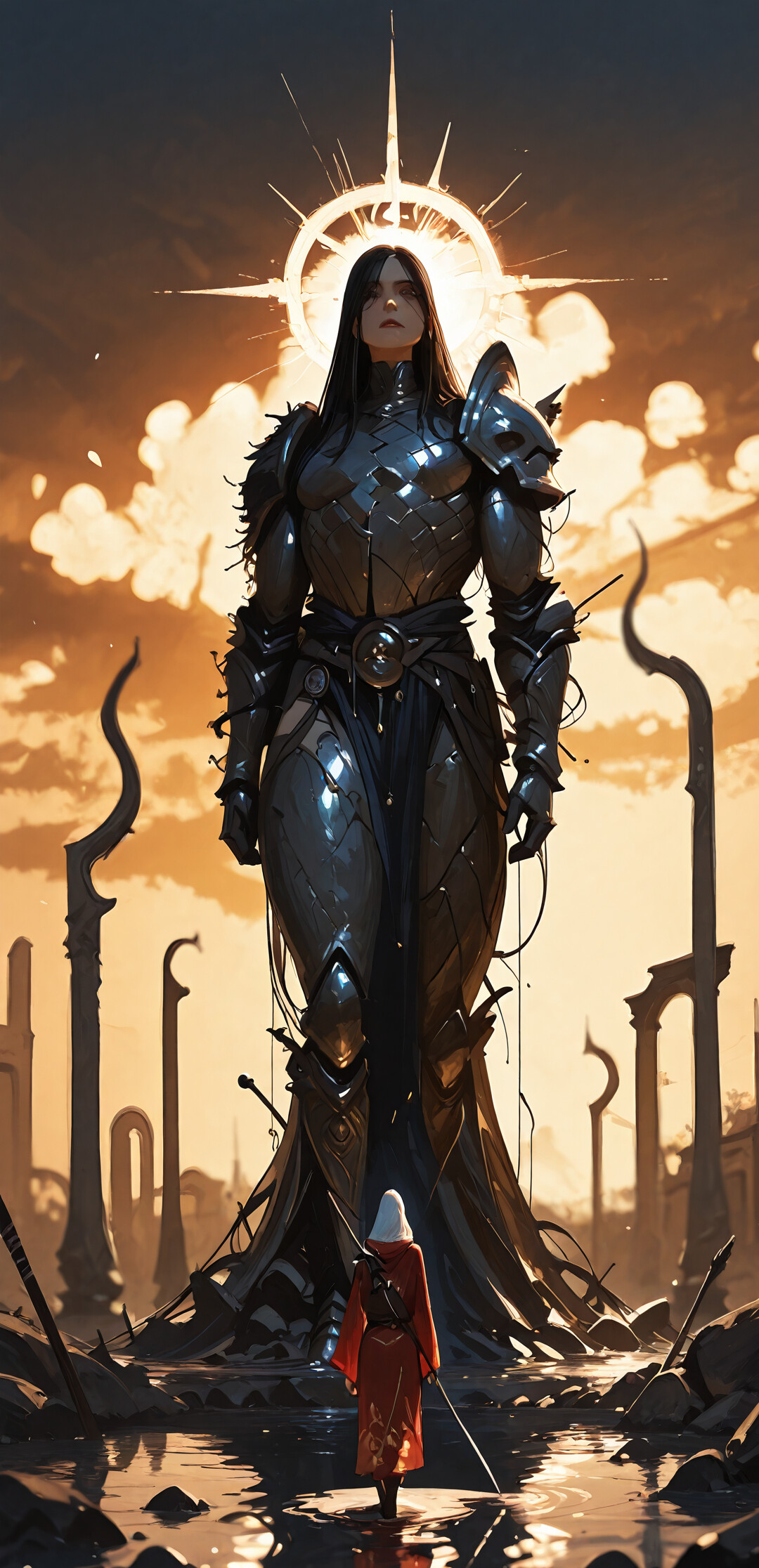 Fantastyczny wojownik w czerwonej, okrywającej go szacie i czarnej zbroi przechadza się po płytkich wodach zalanej, starożytnej ulicy o zachodzie słońca, a po obu jego stronach wznoszą się duże kamienne posągi.