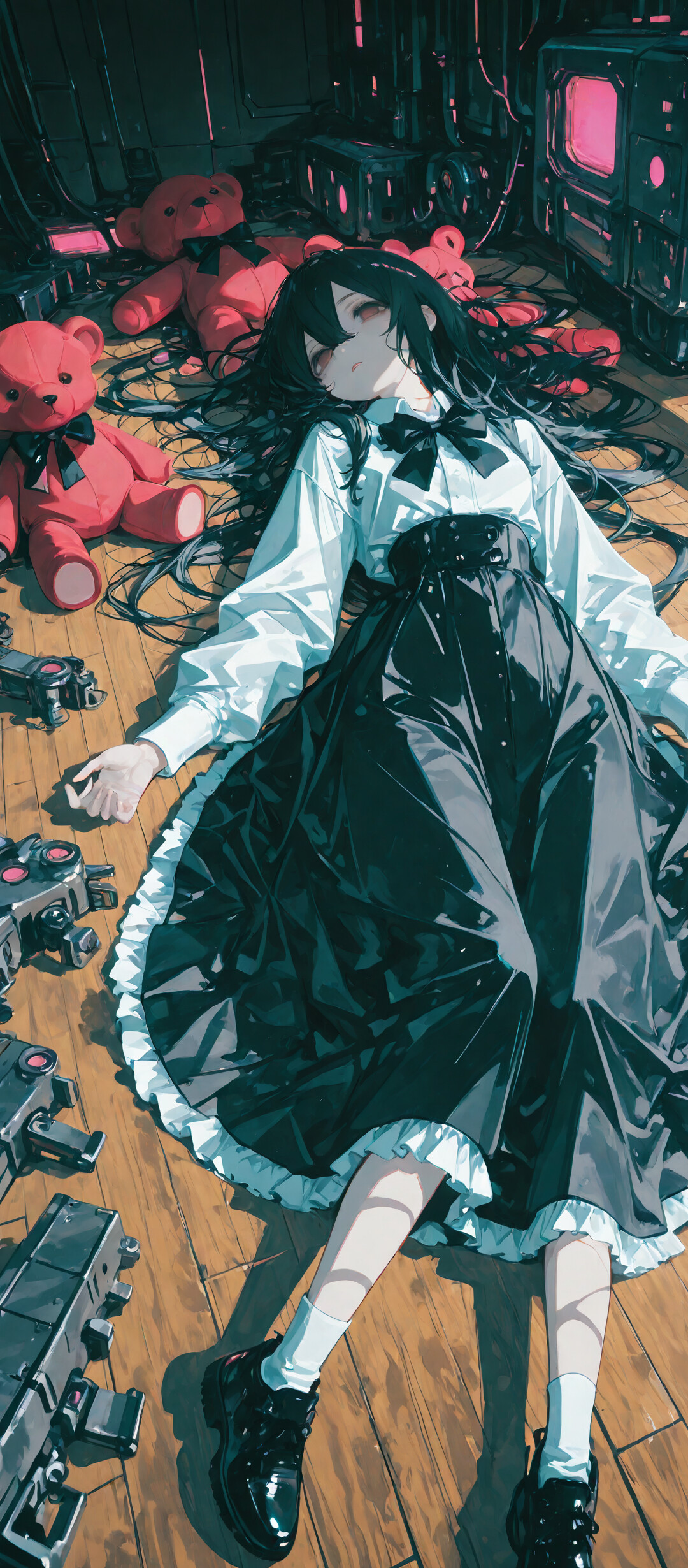 Widok z góry na dziewczynę w stylu anime, o długich, czarnych włosach, leżącą na drewnianej podłodze w futurystycznym pomieszczeniu. Ma na sobie białą koszulkę i czarną spódnicę, a wokół niej znajdują się urządzenia z świecącymi na czerwono ekranami oraz mały pluszowy miś.