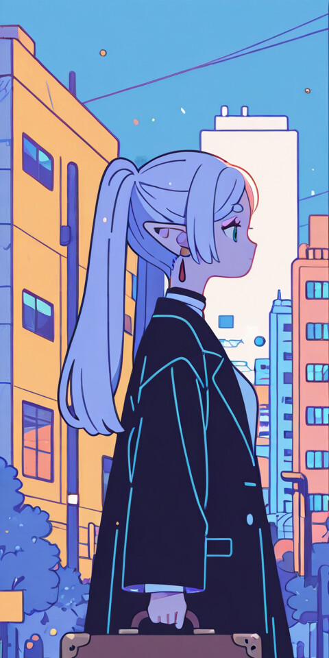 Ilustracja w stylu anime przedstawia Frieren, elfkę o długich, białych włosach spiętych w kucyk, idącą ulicą nowoczesnego miasta. Widzimy ją z boku; ma na sobie biały płaszczyk i niesie brązową walizkę. Budynki w mieście przedstawione są w odcieniach niebieskiego i fioletowego.