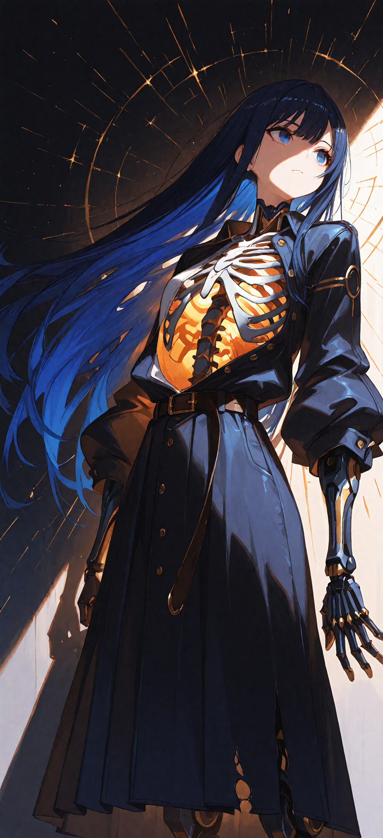 Dziewczyna, cyborg w stylu anime, ma długie, ciemnoniebieskie włosy i spogląda w dół z ponurym wyrazem twarzy. Jej tors jest odsłonięty, ukazując białą, mechaniczną klatkę piersiową, która od wewnątrz emituje jasnopomarańczowe światło. Ma na sobie ciemną, rozpiętą kurtkę i podarte spódnicę, a w tle widać ciemne tło i iskrzące się elementy.