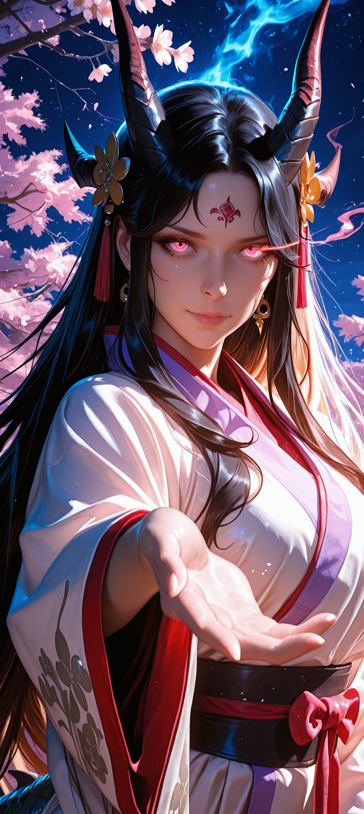 Cyfrowe przedstawienie Yamato z serii One Piece, ukazane jako kapłanka-smok. Ma długie, czarne włosy, złote rogi i świecące różowe oczy. W dłoniach trzyma kulę światła, a akcja rozgrywa się w mrocznej japońskiej świątyni.