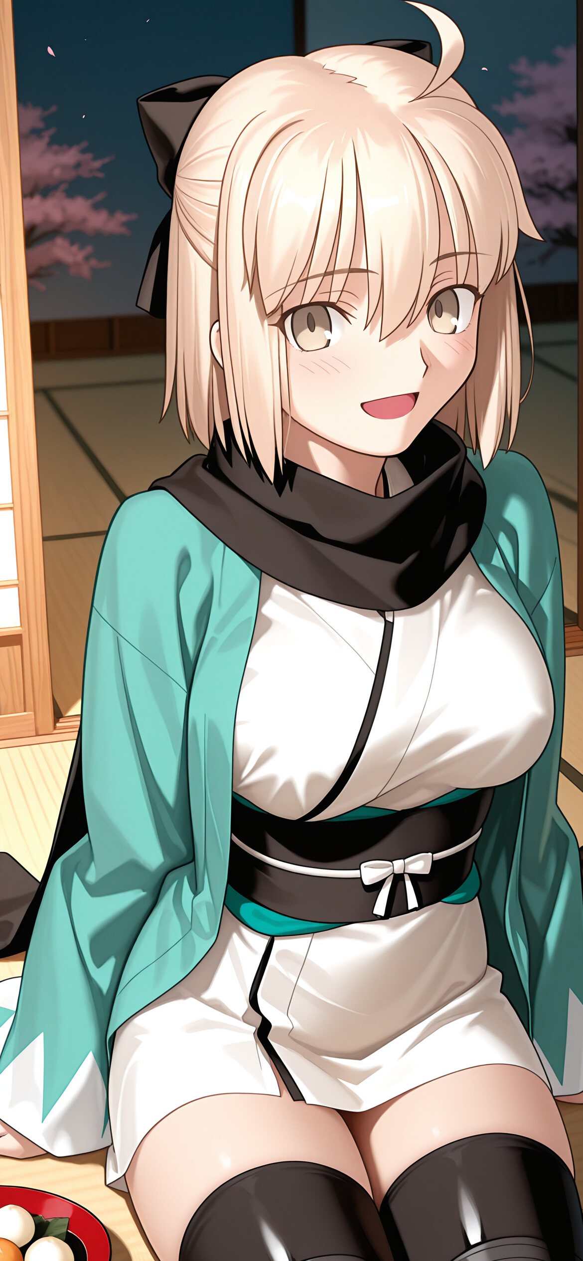 Okita Souji, blondynka, bohaterka anime z serii Fate/Grand Order, siedzi w tradycyjnym japońskim pokoju, uśmiecha się i trzyma w ręku dango. Ma na sobie turkusowy haori, który nosi na białej kimonie.