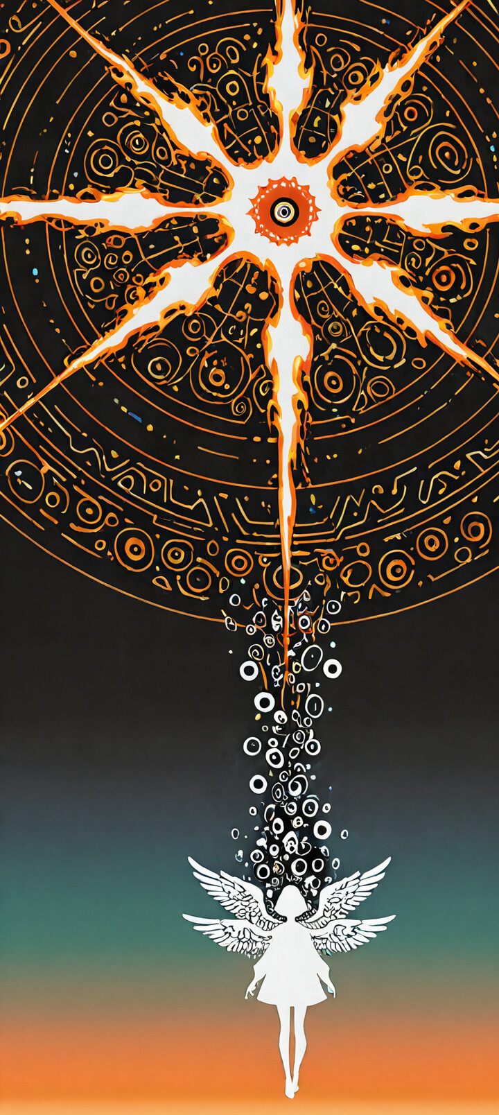 Abstrakcyjna, kontrastowa ilustracja przedstawiająca istotę niebiańską. Duże, czarne koło wypełnione licznymi mniejszymi oczami tworzy głowę, a w jego centrum znajduje się pojedyncze, płonące czerwone oko. Całość otoczona jest białą aureolą z czarnymi promieniami przypominającymi słońce. Poniżej widnieje biała, minimalistyczna sylwetka kobiecego torsu na czarnym i ciemnoczerwonym tle.