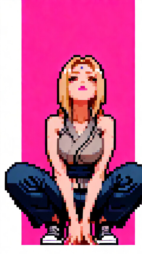 Grafika w stylu pixel art przedstawiająca Tsunade z serii Naruto, ujętą w pozycji skulonej, spoglądającej w górę na pojedynczą, jasną gwiazdę na tle różowej scenerii.
