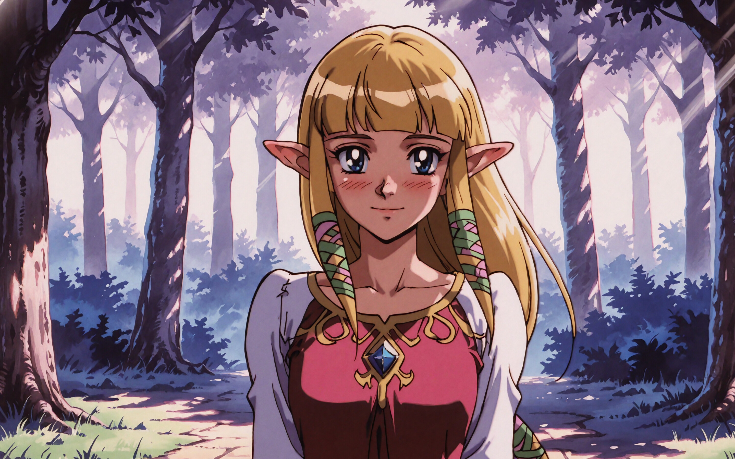 Na ilustracji przedstawiono księżniczkę Zeldę z gry Skyward Sword, stylizowaną na wzór anime z lat 90. Ma długie, blond włosy, spiczaste uszy i niebieskie oczy, a na jej twarzy maluje się delikatny rumieniec i łagodny uśmiech. Jest ubrana w różowo-czerwoną sukienkę i biały szal, a akcja rozgrywa się w lesie.