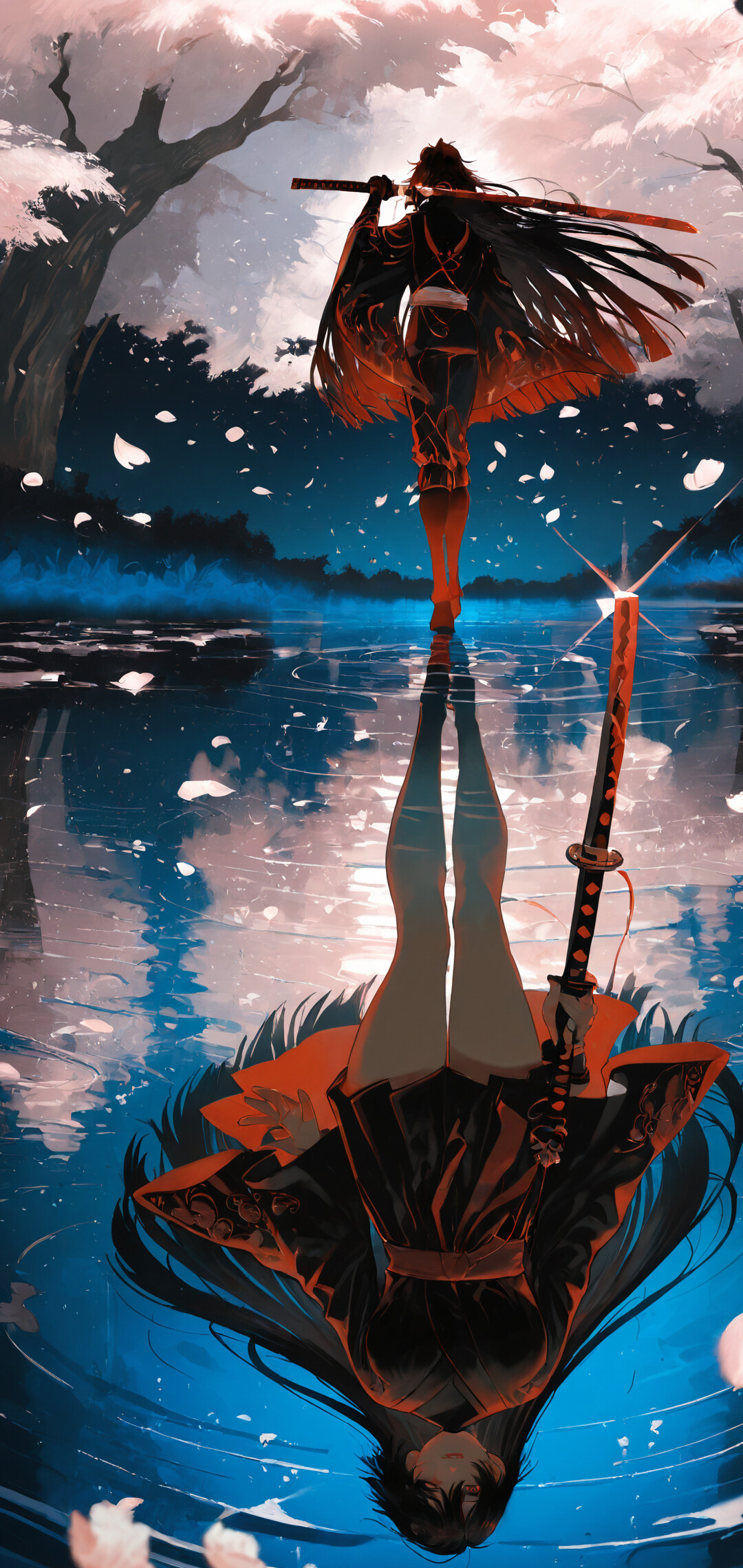 Ilustracja w stylu anime przedstawiająca Sasuke Uchihę z serii Naruto, stojącego na wodzie pod nocnym niebem, w tle widać drzewa wiśni. Jego odbicie w wodzie ukazuje jego prawdziwą twarz, tworząc motyw dualizmu.