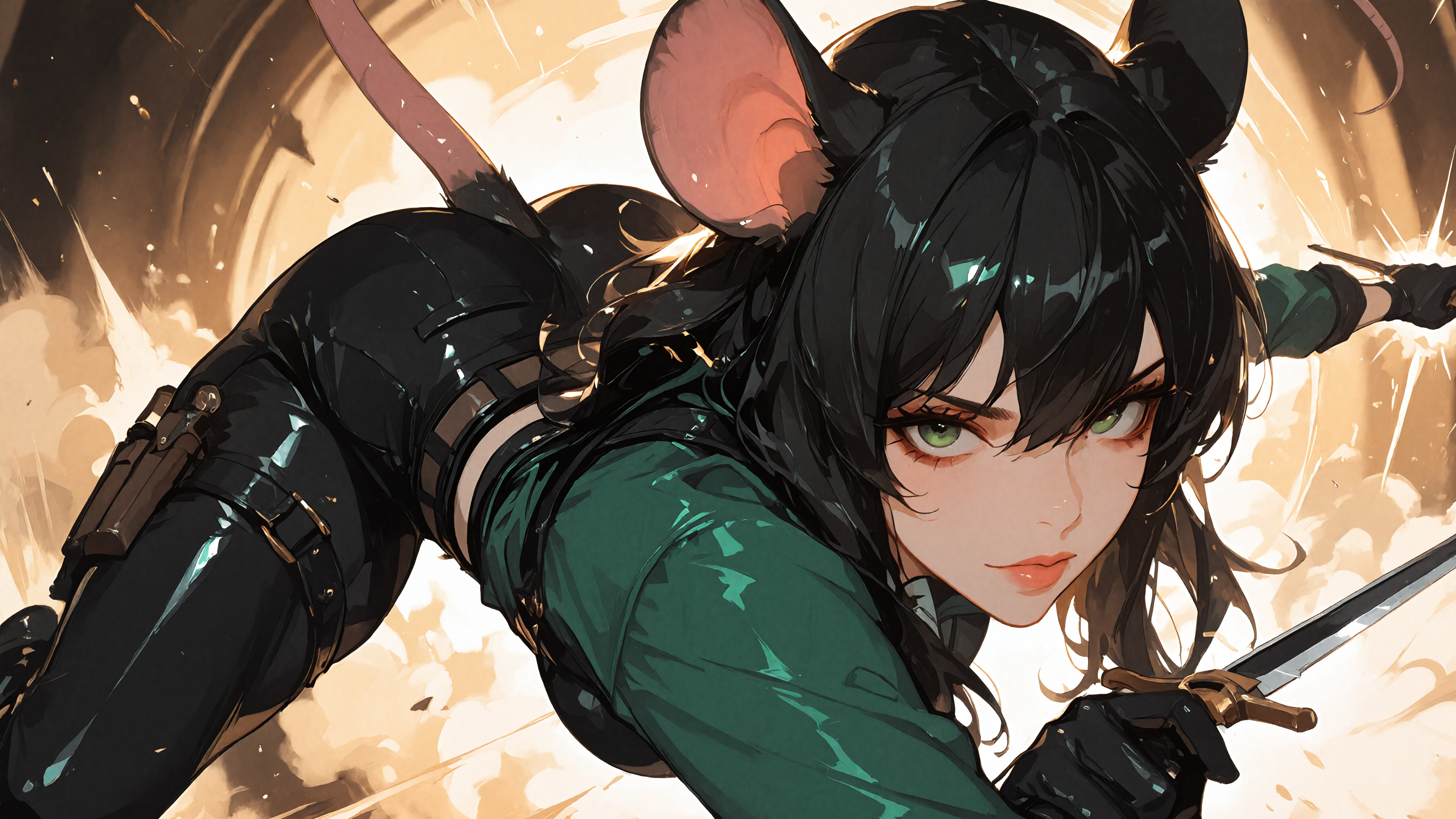 Animowana postać kobieca o czarnych włosach, zielonych oczach, dużych uszach i długim ogonie myszy, ubrana jak łotrzyca – w zieloną koszulę i czarne spodnie – leży na białej, kafelkowej podłodze i patrzy prosto w obiektyw kamery.