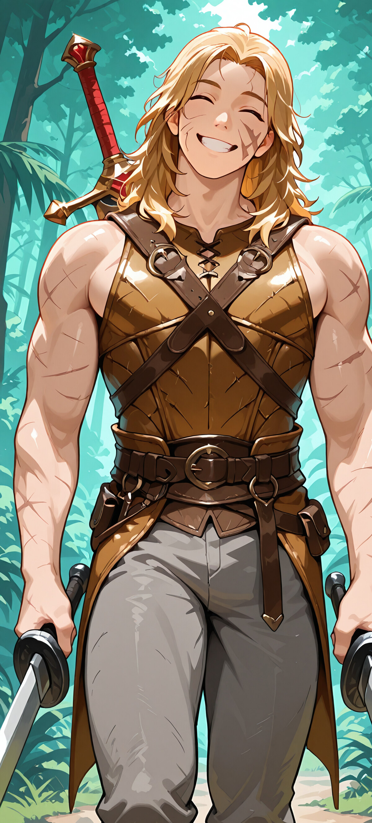 Młody, muskularny mężczyzna o długich, blond włosach i szerokim, radosnym uśmiechu, ubrany w brązową skórzaną zbroję, trzyma w rękach dwa miecze, a akcja rozgrywa się w zielonym lesie.